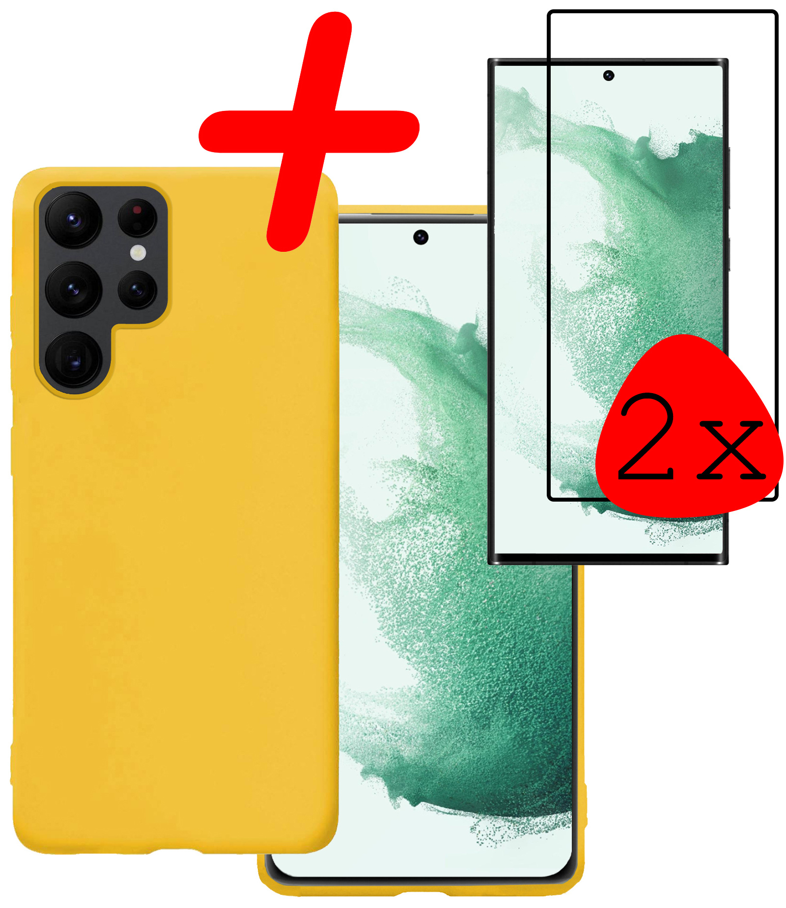 BASEY. Hoes Geschikt voor Samsung S22 Ultra Hoesje Siliconen Back Cover Case Met 2x Screenprotector - Hoesje Geschikt voor Samsung Galaxy S22 Ultra Hoes Cover Hoesje - Geel