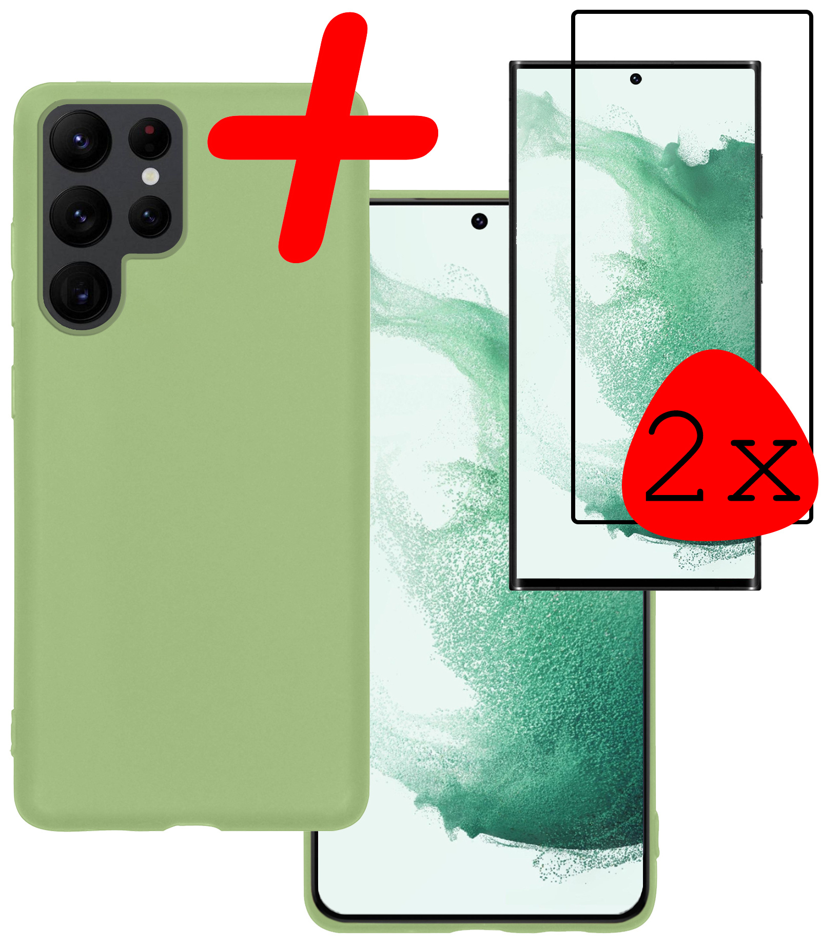 BASEY. Hoes Geschikt voor Samsung S22 Ultra Hoesje Siliconen Back Cover Case Met 2x Screenprotector - Hoesje Geschikt voor Samsung Galaxy S22 Ultra Hoes Cover Hoesje - Groen