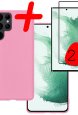 BASEY. Hoes Geschikt voor Samsung S22 Ultra Hoesje Siliconen Back Cover Case Met 2x Screenprotector - Hoesje Geschikt voor Samsung Galaxy S22 Ultra Hoes Cover Hoesje - Lichtroze
