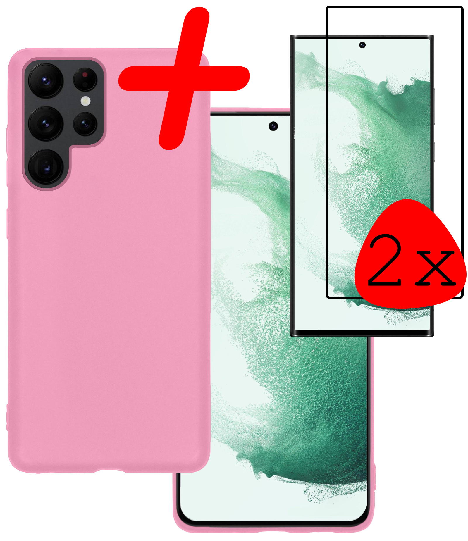 BASEY. Hoes Geschikt voor Samsung S22 Ultra Hoesje Siliconen Back Cover Case Met 2x Screenprotector - Hoesje Geschikt voor Samsung Galaxy S22 Ultra Hoes Cover Hoesje - Lichtroze