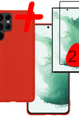 BASEY. Hoes Geschikt voor Samsung S22 Ultra Hoesje Siliconen Back Cover Case Met 2x Screenprotector - Hoesje Geschikt voor Samsung Galaxy S22 Ultra Hoes Cover Hoesje - Rood