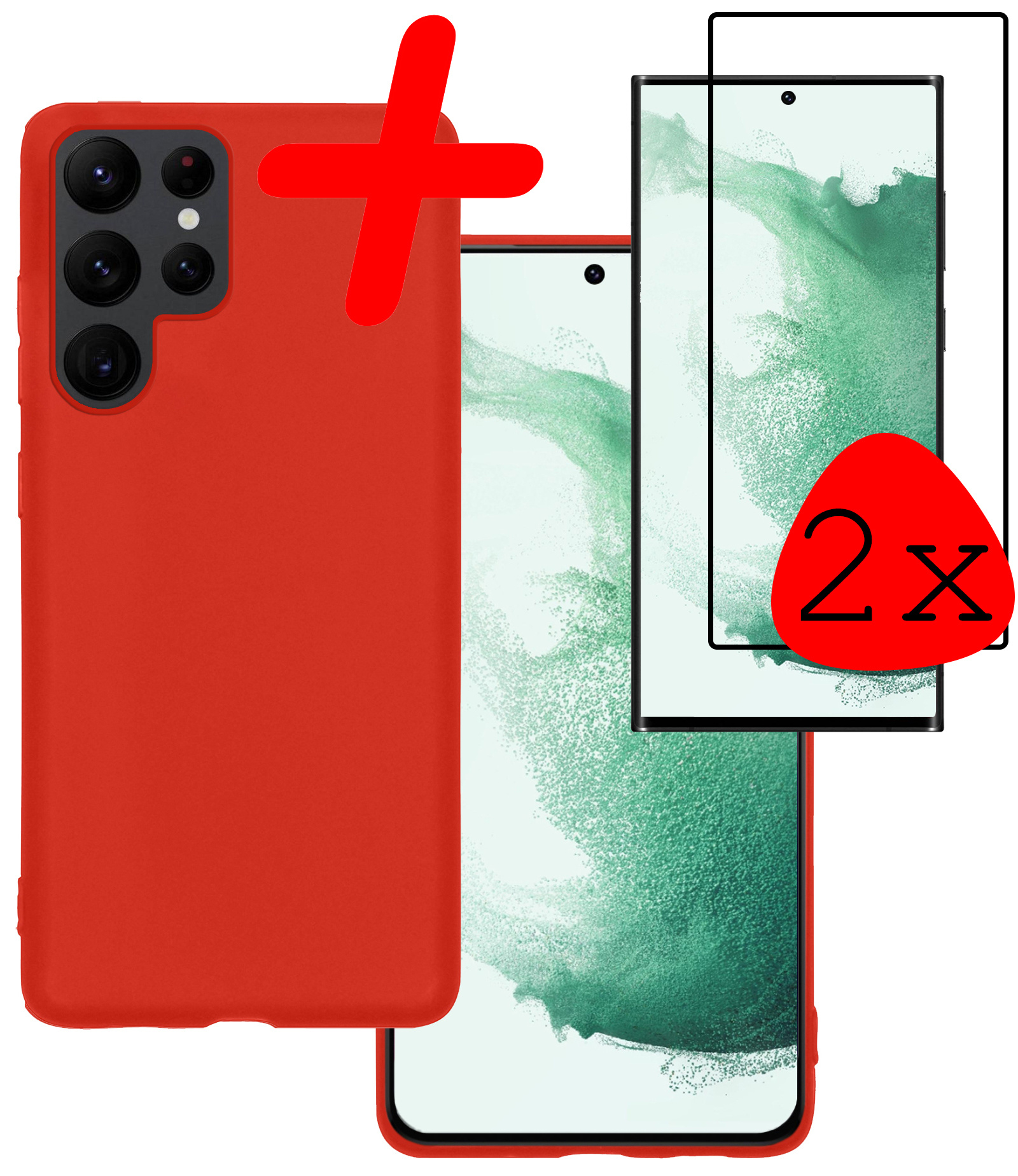 BASEY. Hoes Geschikt voor Samsung S22 Ultra Hoesje Siliconen Back Cover Case Met 2x Screenprotector - Hoesje Geschikt voor Samsung Galaxy S22 Ultra Hoes Cover Hoesje - Rood
