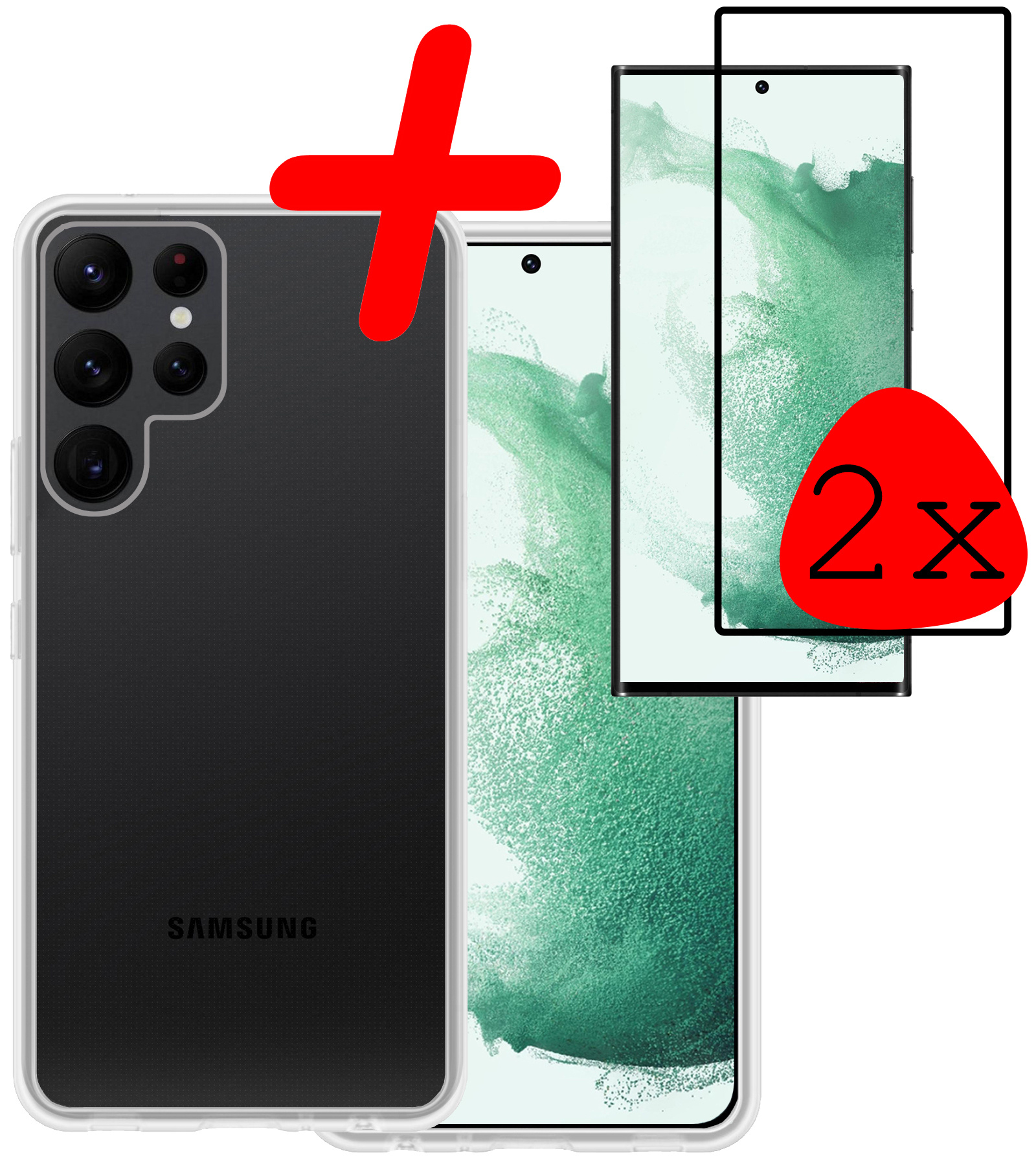 BASEY. Hoes Geschikt voor Samsung S22 Ultra Hoesje Siliconen Back Cover Case Met 2x Screenprotector - Hoesje Geschikt voor Samsung Galaxy S22 Ultra Hoes Cover Hoesje - Transparant