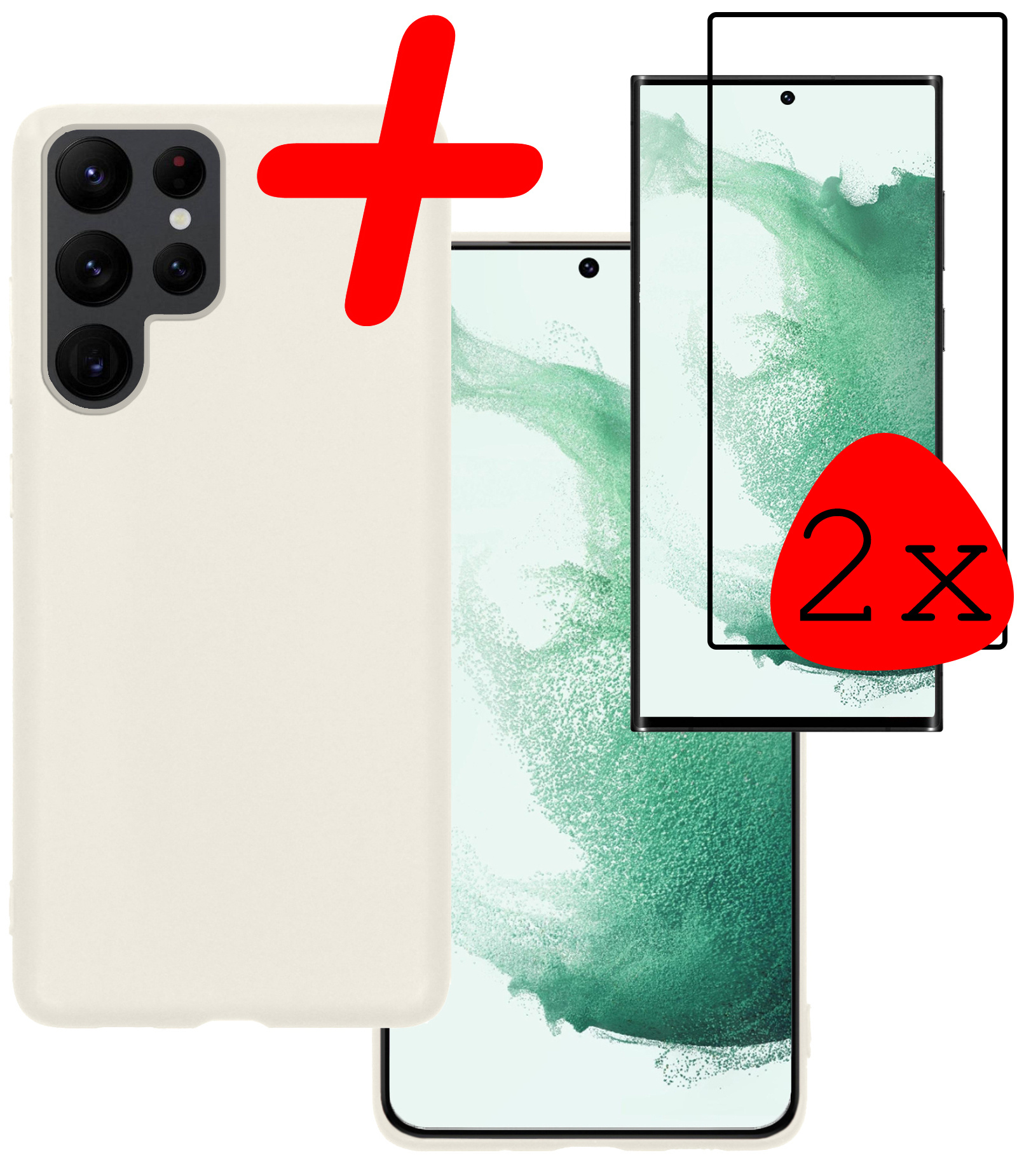 BASEY. Hoes Geschikt voor Samsung S22 Ultra Hoesje Siliconen Back Cover Case Met 2x Screenprotector - Hoesje Geschikt voor Samsung Galaxy S22 Ultra Hoes Cover Hoesje - Wit