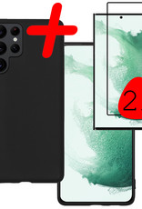 BASEY. Hoes Geschikt voor Samsung S22 Ultra Hoesje Siliconen Back Cover Case Met 2x Screenprotector - Hoesje Geschikt voor Samsung Galaxy S22 Ultra Hoes Cover Hoesje - Zwart