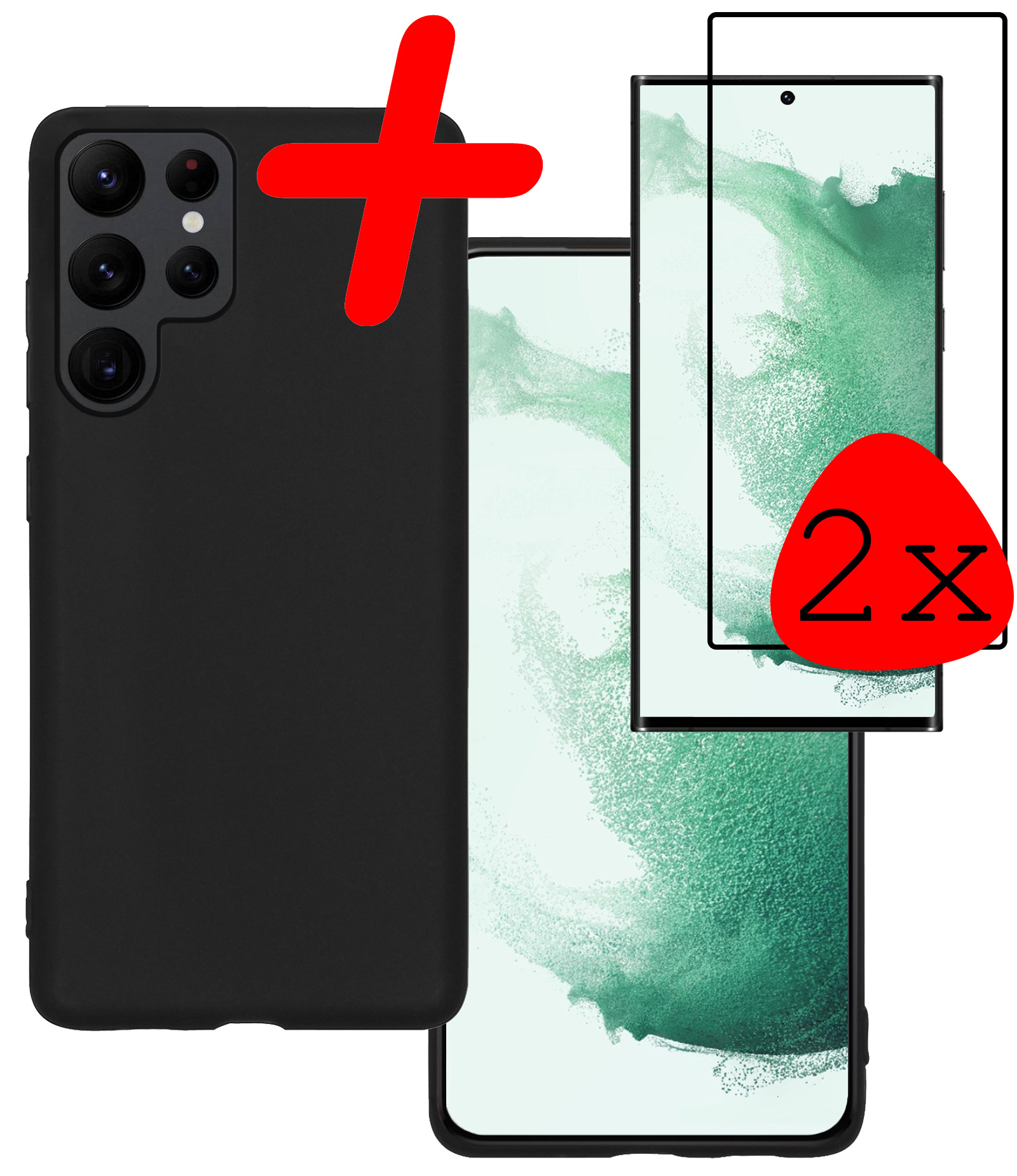 BASEY. Hoes Geschikt voor Samsung S22 Ultra Hoesje Siliconen Back Cover Case Met 2x Screenprotector - Hoesje Geschikt voor Samsung Galaxy S22 Ultra Hoes Cover Hoesje - Zwart