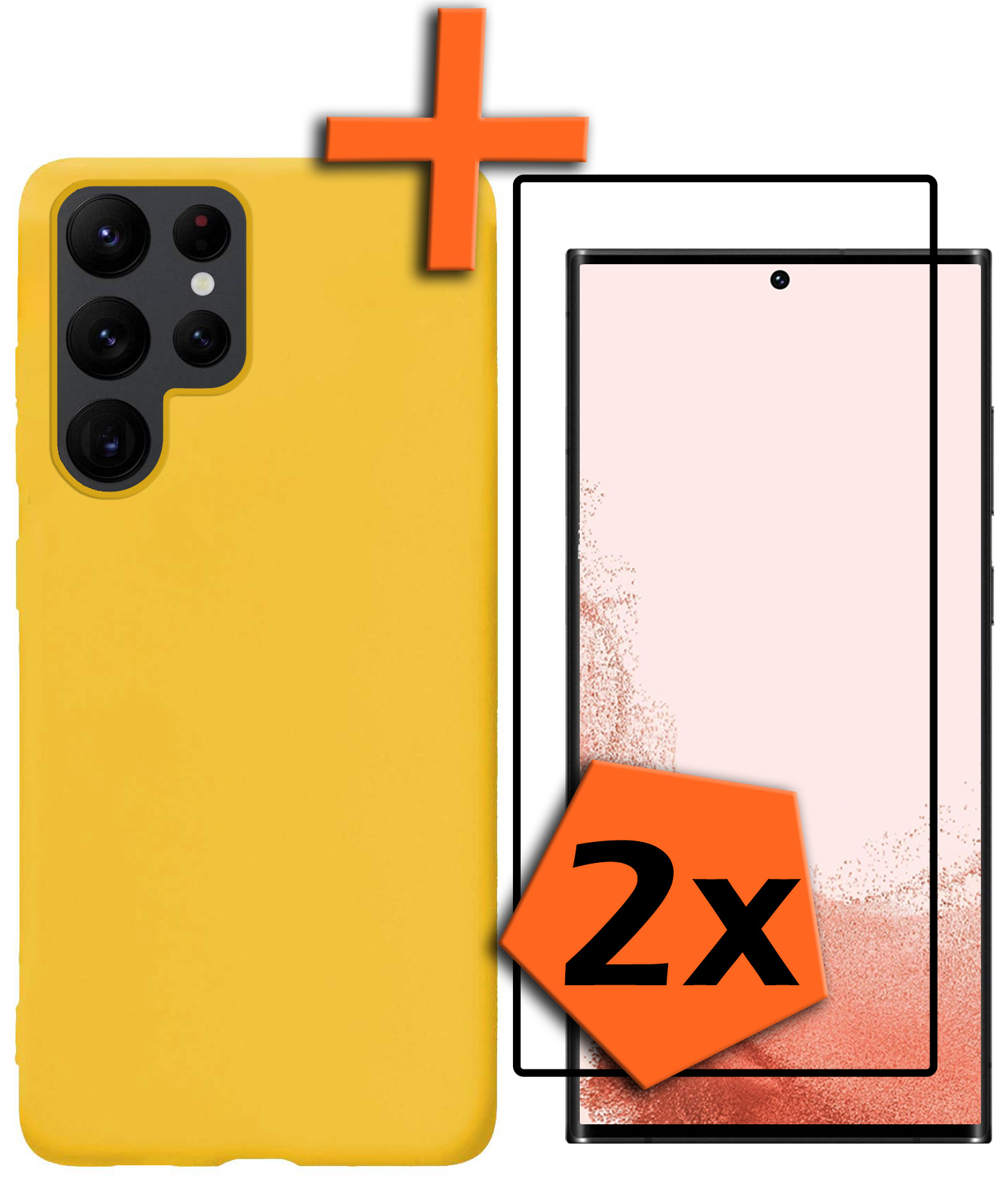 Nomfy Hoesje Geschikt voor Samsung S22 Ultra Hoesje Siliconen Cover Case Met 2x Screenprotector - Hoes Geschikt voor Samsung Galaxy S22 Ultra Hoes Back Case - Geel