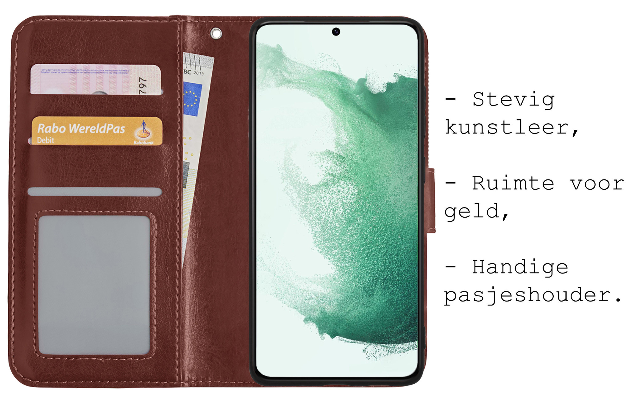 BASEY. Hoes Geschikt voor Samsung S22 Hoesje Bookcase Hoes Flip Case Book Cover Met Screenprotector - Hoesje Geschikt voor Samsung Galaxy S22 Hoes Book Case Hoesje - Bruin