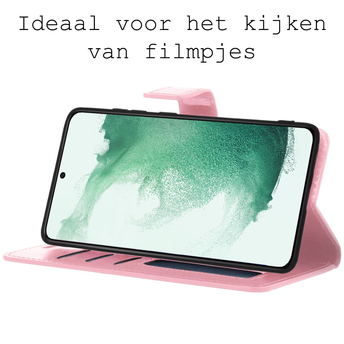 BASEY. Hoes Geschikt voor Samsung S22 Hoesje Bookcase Hoes Flip Case Book Cover Met 2x Screenprotector - Hoesje Geschikt voor Samsung Galaxy S22 Hoes Book Case Hoesje - Lichtroze