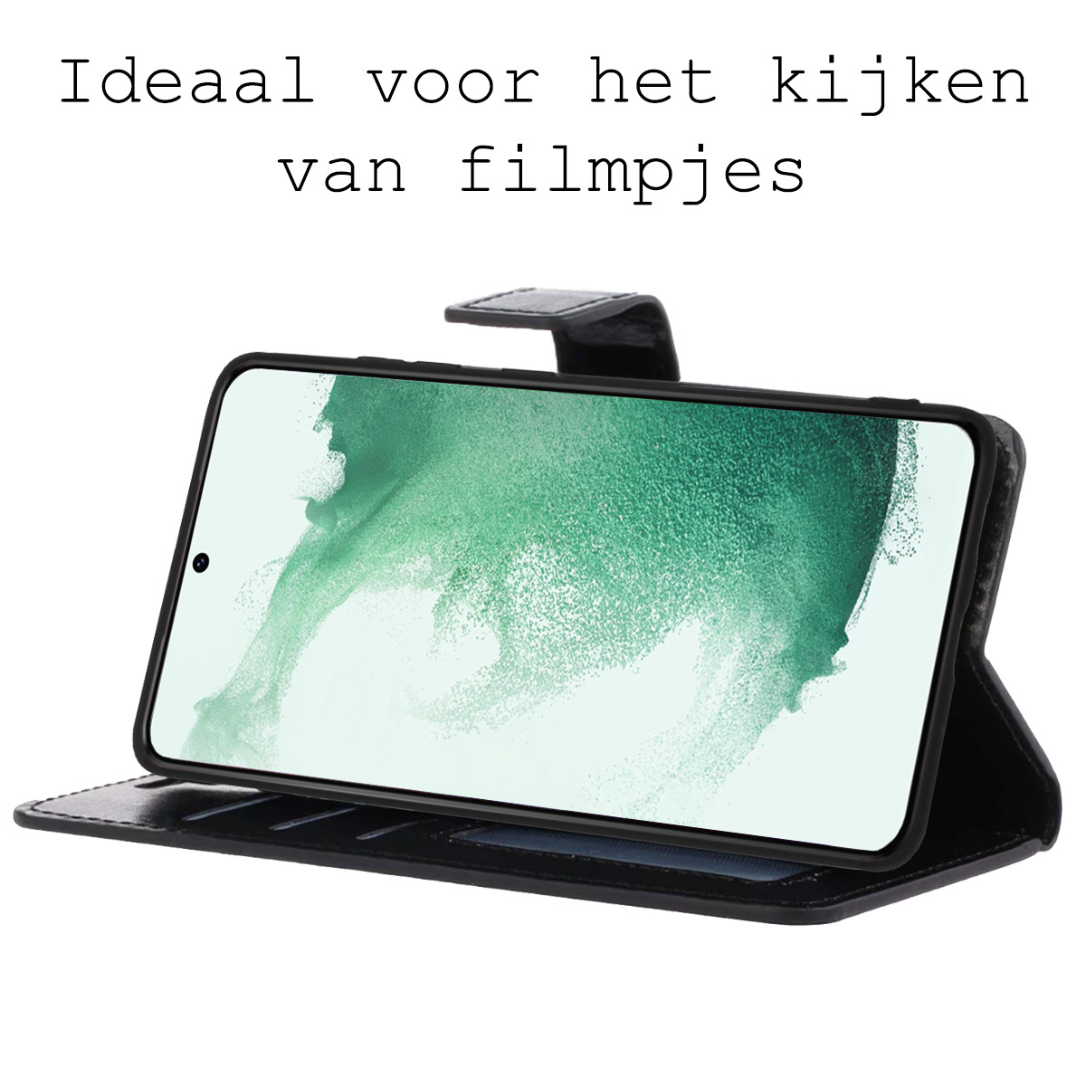 BASEY. Hoes Geschikt voor Samsung S22 Hoesje Bookcase Hoes Flip Case Book Cover Met 2x Screenprotector - Hoesje Geschikt voor Samsung Galaxy S22 Hoes Book Case Hoesje - Zwart