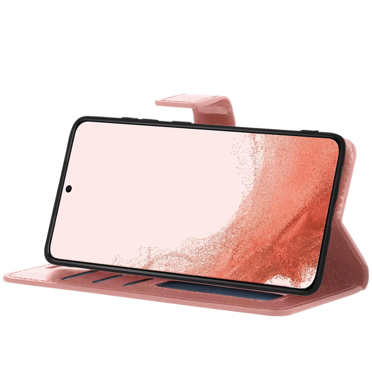Nomfy Hoesje Geschikt voor Samsung S22 Hoes Bookcase Flipcase Book Cover Met 2x Screenprotector - Hoes Geschikt voor Samsung Galaxy S22 Hoesje Book Case - Rosé goud