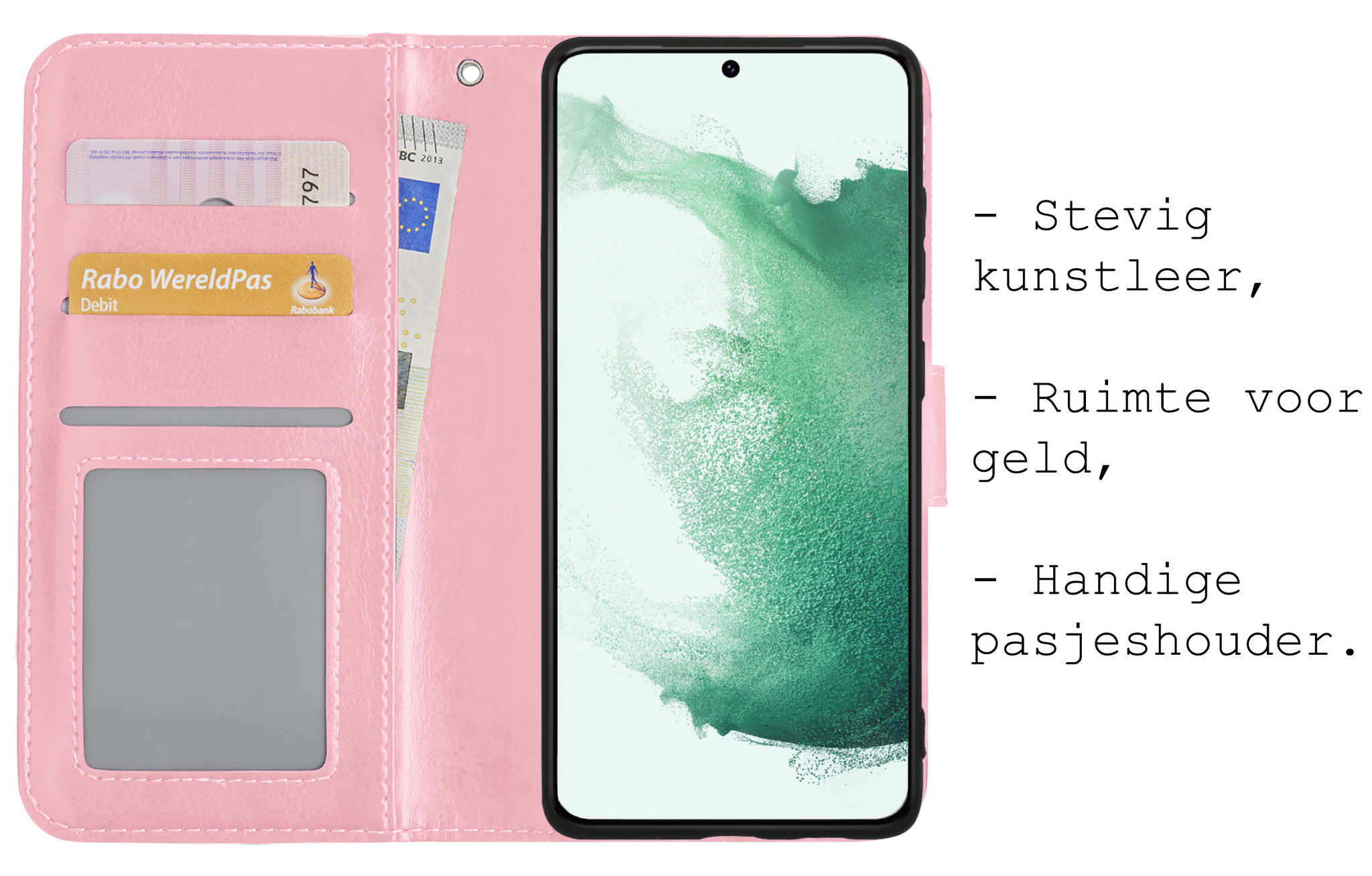 BASEY. Hoes Geschikt voor Samsung S22 Plus Hoesje Bookcase Hoes Flip Case Book Cover Met Screenprotector - Hoesje Geschikt voor Samsung Galaxy S22 Plus Hoes Book Case Hoesje - Lichtroze