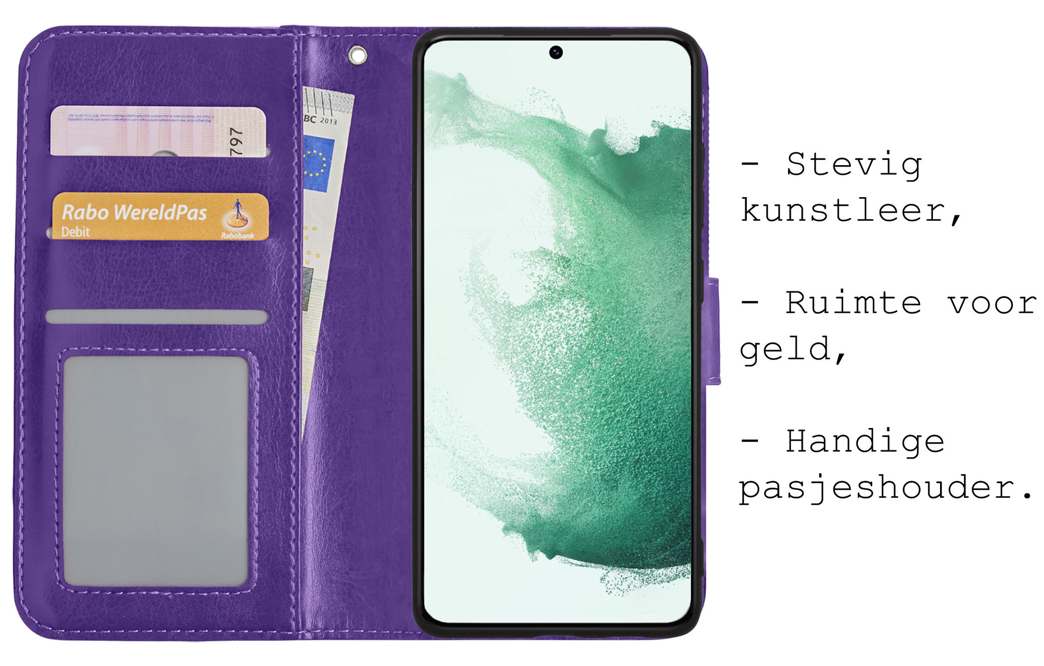 BASEY. Hoes Geschikt voor Samsung S22 Plus Hoesje Bookcase Hoes Flip Case Book Cover Met Screenprotector - Hoesje Geschikt voor Samsung Galaxy S22 Plus Hoes Book Case Hoesje - Paars