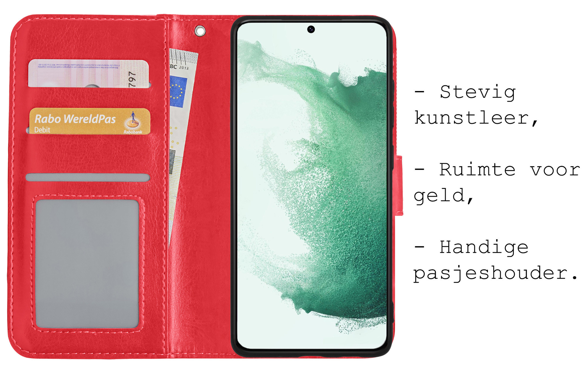 BASEY. Hoes Geschikt voor Samsung S22 Plus Hoesje Bookcase Hoes Flip Case Book Cover Met Screenprotector - Hoesje Geschikt voor Samsung Galaxy S22 Plus Hoes Book Case Hoesje - Rood