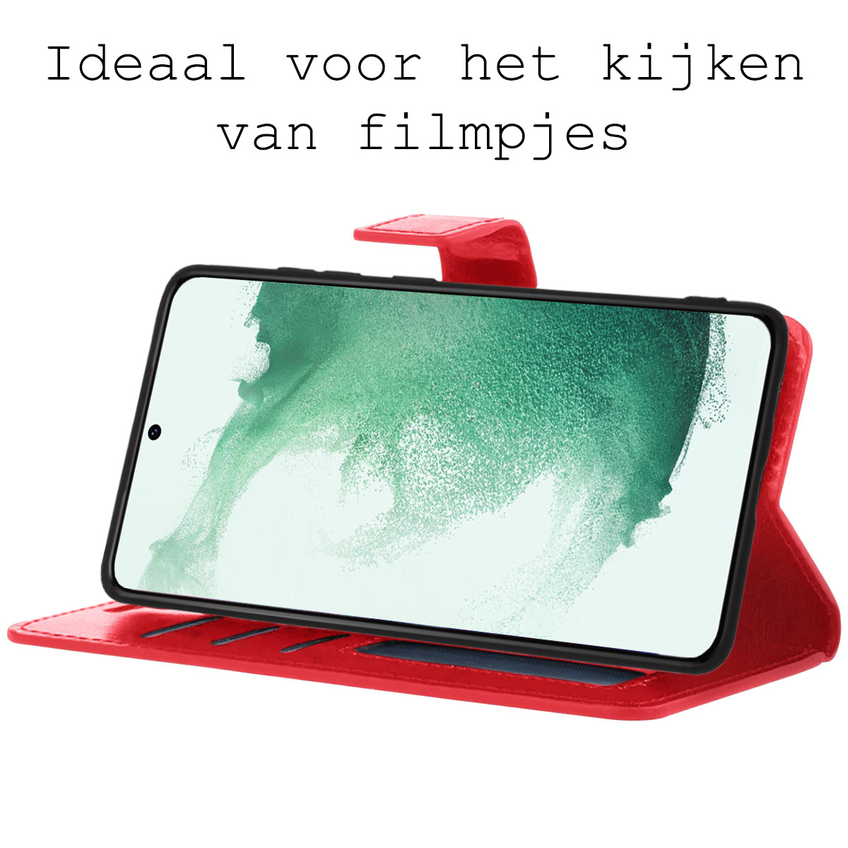 BASEY. Hoes Geschikt voor Samsung S22 Plus Hoesje Bookcase Hoes Flip Case Book Cover Met Screenprotector - Hoesje Geschikt voor Samsung Galaxy S22 Plus Hoes Book Case Hoesje - Rood