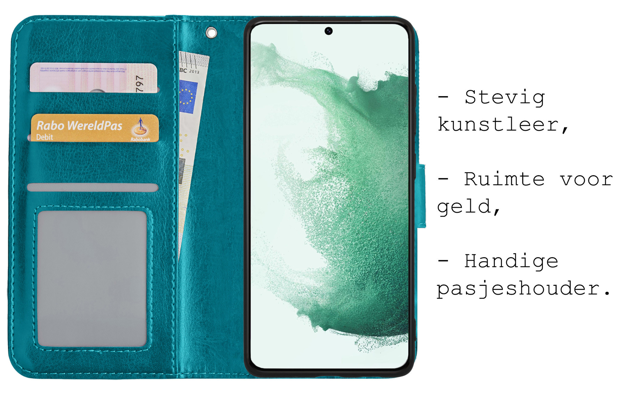 BASEY. Hoes Geschikt voor Samsung S22 Plus Hoesje Bookcase Hoes Flip Case Book Cover Met Screenprotector - Hoesje Geschikt voor Samsung Galaxy S22 Plus Hoes Book Case Hoesje - Turquoise