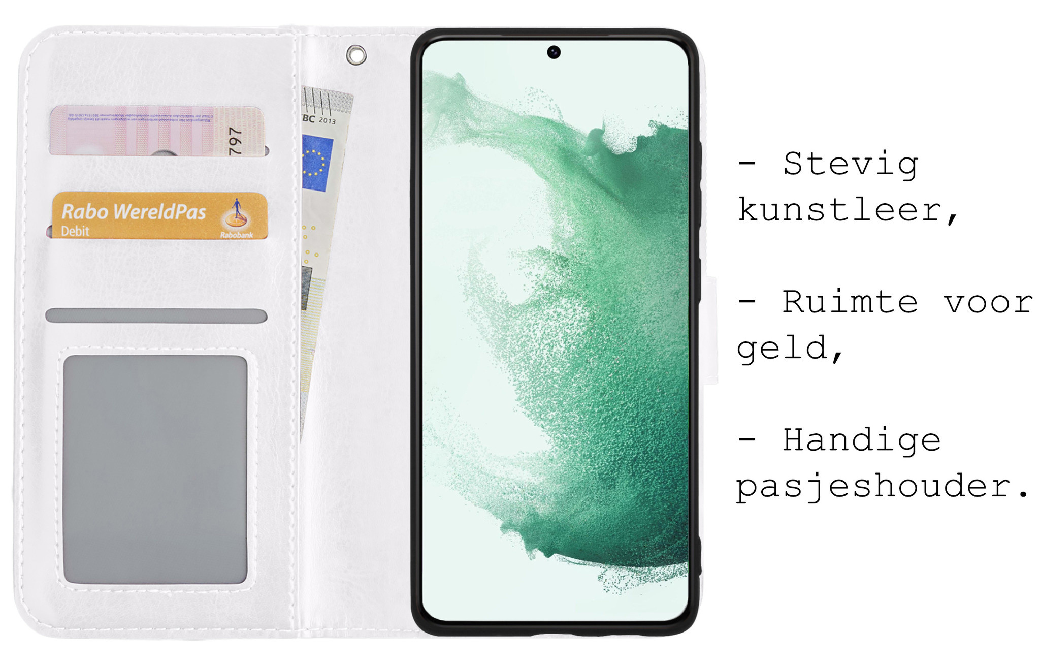 BASEY. Hoes Geschikt voor Samsung S22 Plus Hoesje Bookcase Hoes Flip Case Book Cover Met Screenprotector - Hoesje Geschikt voor Samsung Galaxy S22 Plus Hoes Book Case Hoesje - Wit