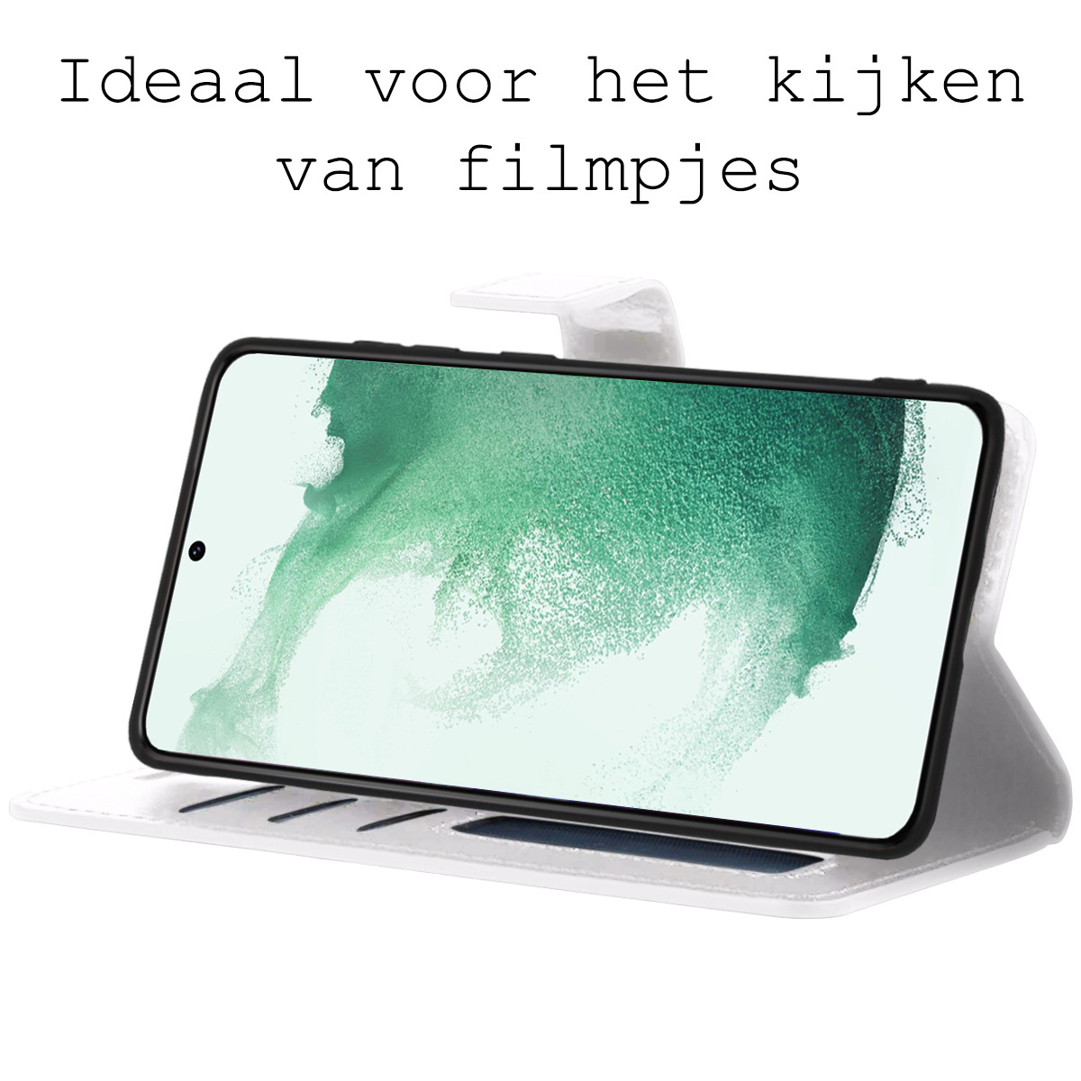 BASEY. Hoes Geschikt voor Samsung S22 Plus Hoesje Bookcase Hoes Flip Case Book Cover Met Screenprotector - Hoesje Geschikt voor Samsung Galaxy S22 Plus Hoes Book Case Hoesje - Wit