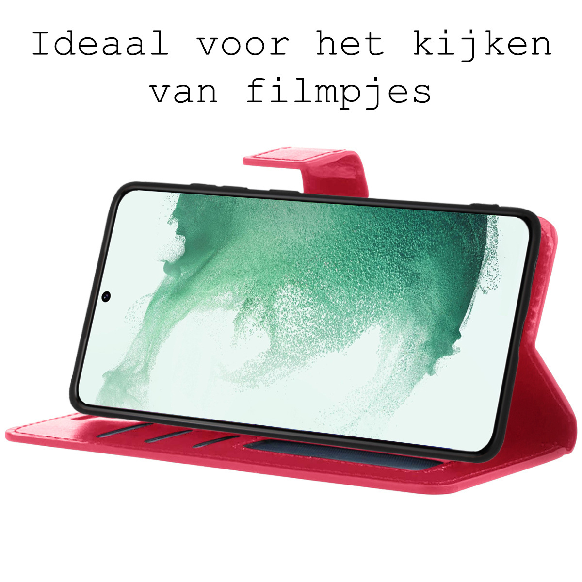BASEY. Hoes Geschikt voor Samsung S22 Plus Hoesje Bookcase Hoes Flip Case Book Cover Met 2x Screenprotector - Hoesje Geschikt voor Samsung Galaxy S22 Plus Hoes Book Case Hoesje - Donkerroze