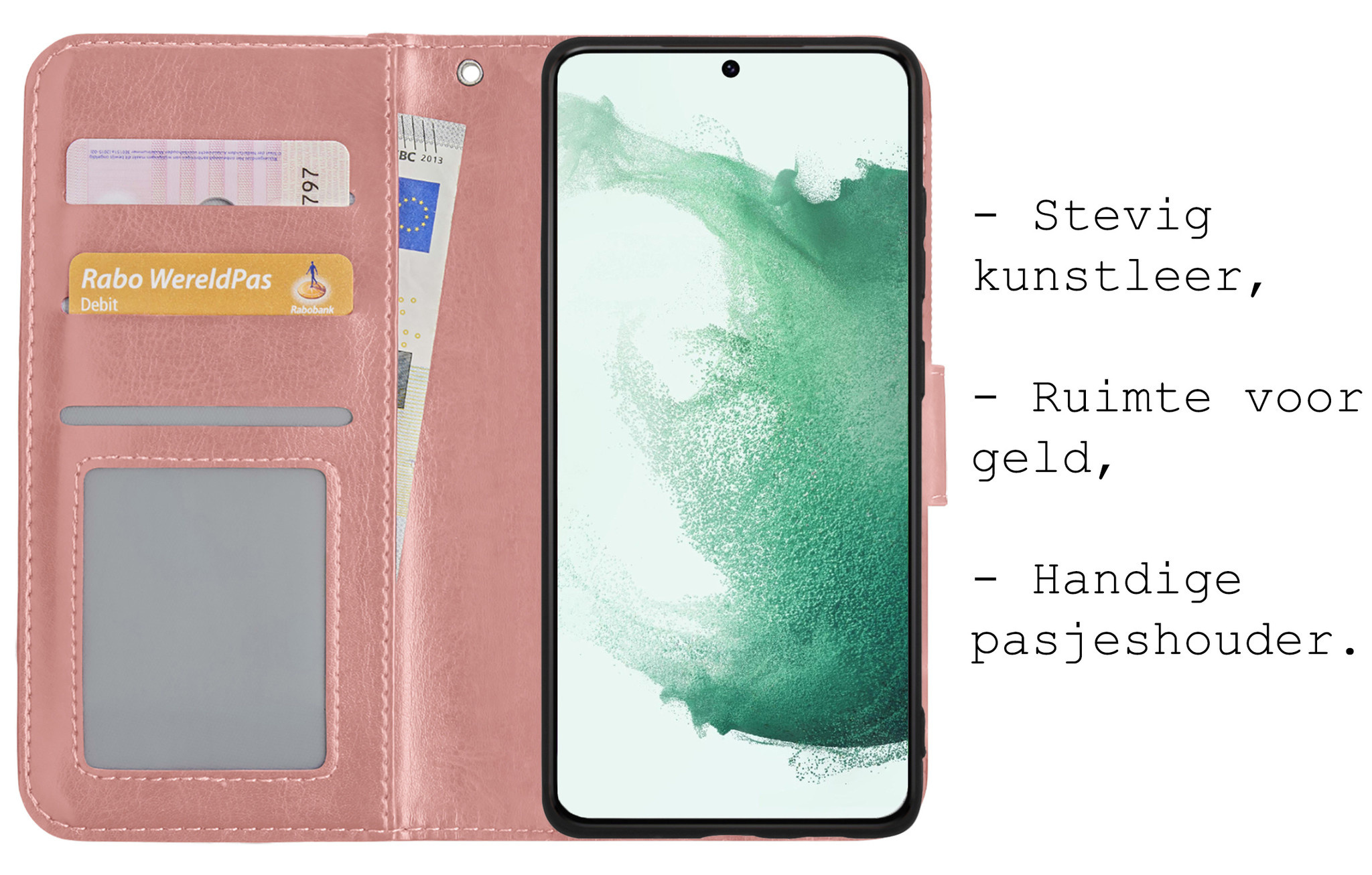 BASEY. Hoes Geschikt voor Samsung S22 Plus Hoesje Bookcase Hoes Flip Case Book Cover Met 2x Screenprotector - Hoesje Geschikt voor Samsung Galaxy S22 Plus Hoes Book Case Hoesje - Rosé goud