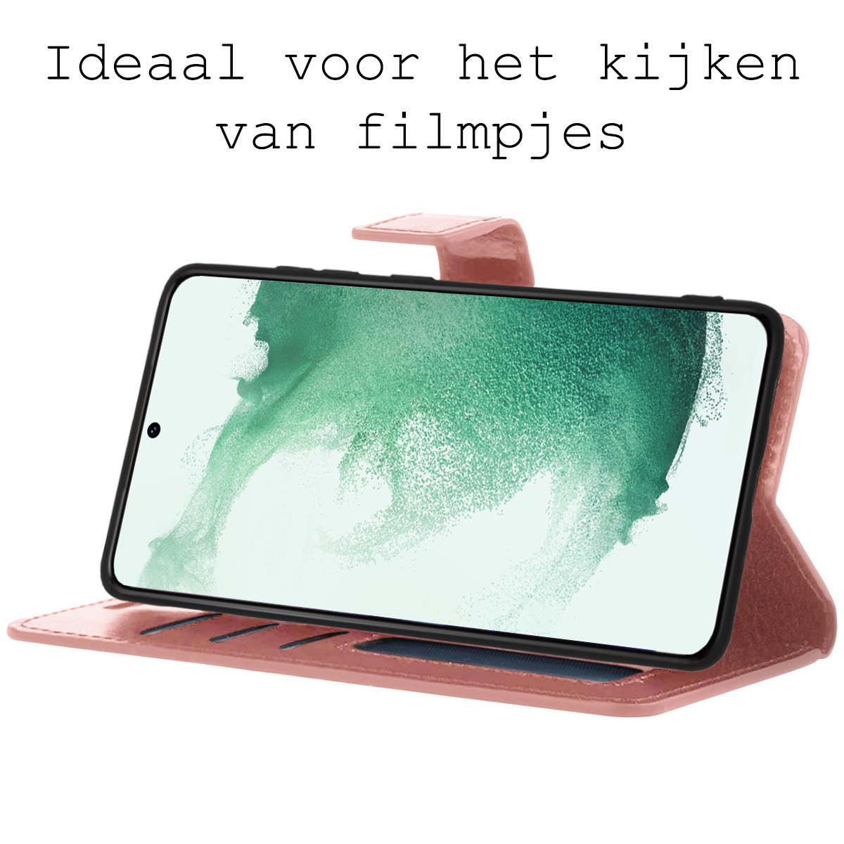 BASEY. Hoes Geschikt voor Samsung S22 Plus Hoesje Bookcase Hoes Flip Case Book Cover Met 2x Screenprotector - Hoesje Geschikt voor Samsung Galaxy S22 Plus Hoes Book Case Hoesje - Rosé goud