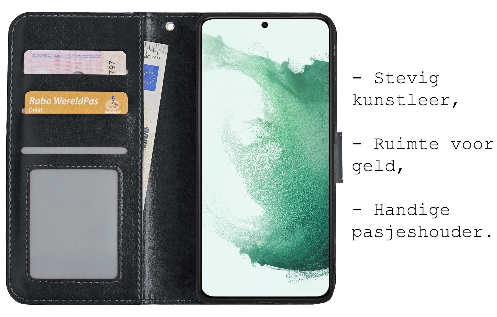 BASEY. Hoes Geschikt voor Samsung S22 Plus Hoesje Bookcase Hoes Flip Case Book Cover Met 2x Screenprotector - Hoesje Geschikt voor Samsung Galaxy S22 Plus Hoes Book Case Hoesje - Zwart