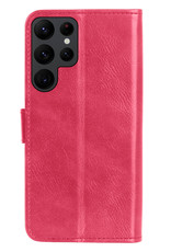 BASEY. Hoes Geschikt voor Samsung S22 Ultra Hoesje Bookcase Hoes Flip Case Book Cover Met 2x Screenprotector - Hoesje Geschikt voor Samsung Galaxy S22 Ultra Hoes Book Case Hoesje - Donkerroze