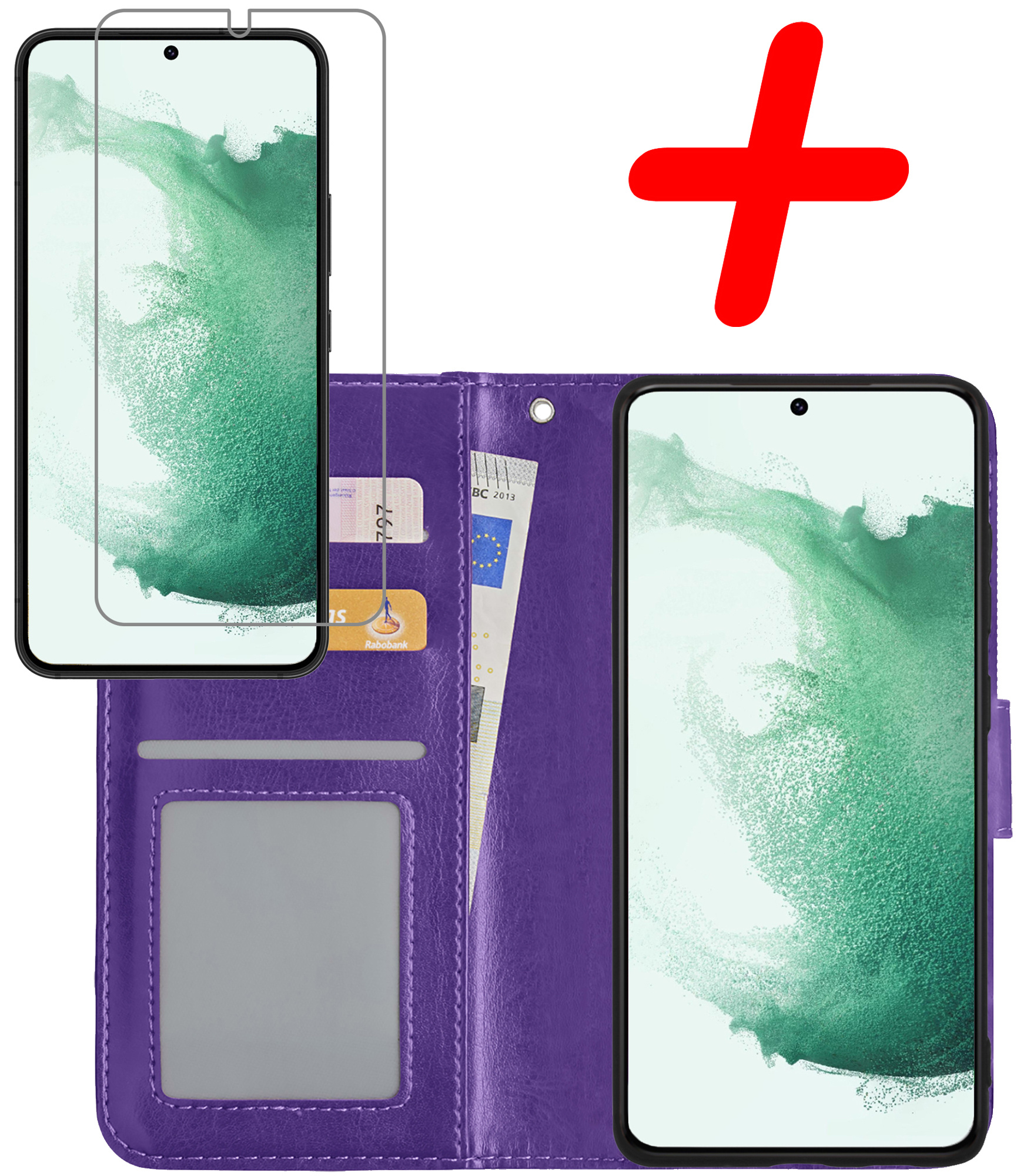 BASEY. Hoes Geschikt voor Samsung S22 Hoesje Bookcase Hoes Flip Case Book Cover Met Screenprotector - Hoesje Geschikt voor Samsung Galaxy S22 Hoes Book Case Hoesje - Paars