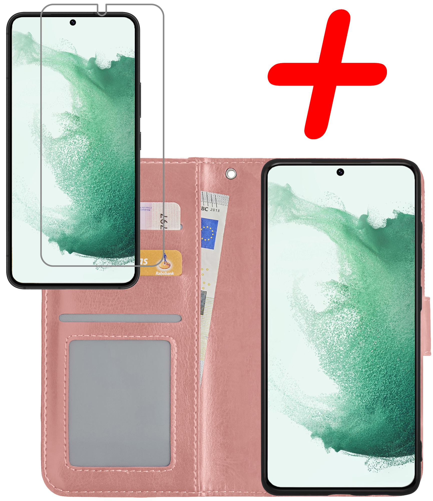 BASEY. Hoes Geschikt voor Samsung S22 Hoesje Bookcase Hoes Flip Case Book Cover Met Screenprotector - Hoesje Geschikt voor Samsung Galaxy S22 Hoes Book Case Hoesje - Rosé goud
