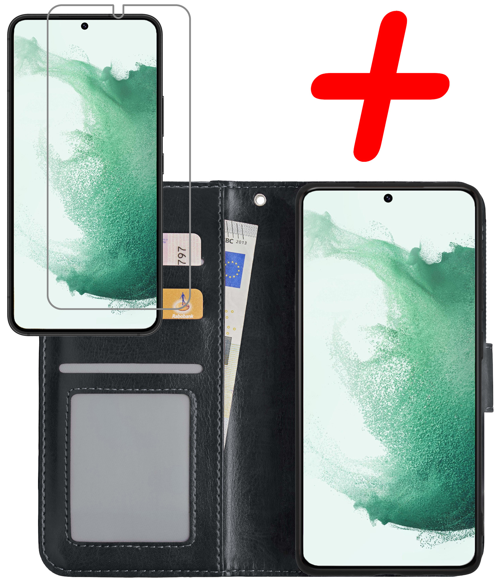 BASEY. Hoes Geschikt voor Samsung S22 Hoesje Bookcase Hoes Flip Case Book Cover Met Screenprotector - Hoesje Geschikt voor Samsung Galaxy S22 Hoes Book Case Hoesje - Zwart