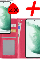 BASEY. Hoes Geschikt voor Samsung S22 Hoesje Bookcase Hoes Flip Case Book Cover Met 2x Screenprotector - Hoesje Geschikt voor Samsung Galaxy S22 Hoes Book Case Hoesje - Donkerroze