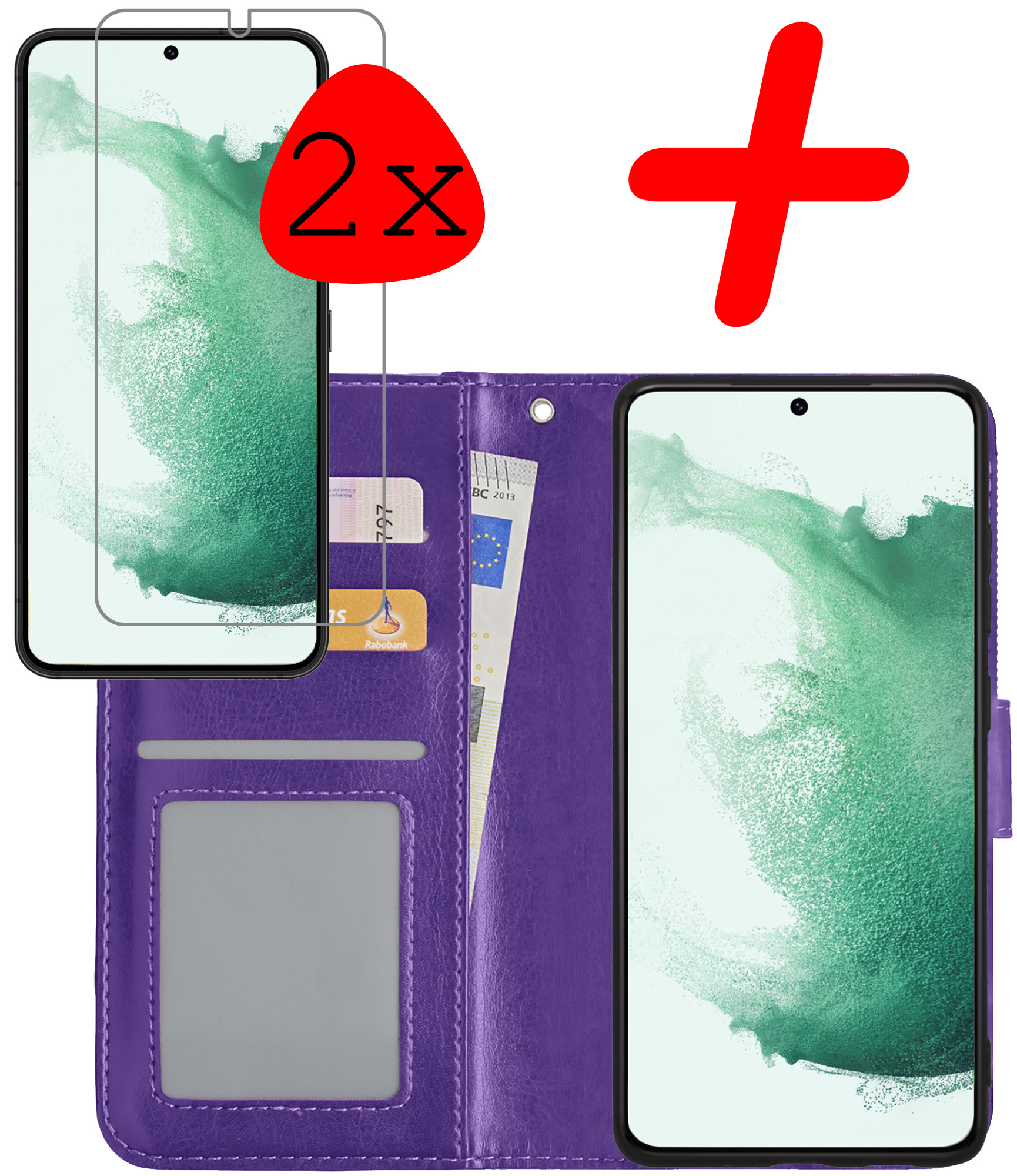 BASEY. Hoes Geschikt voor Samsung S22 Hoesje Bookcase Hoes Flip Case Book Cover Met 2x Screenprotector - Hoesje Geschikt voor Samsung Galaxy S22 Hoes Book Case Hoesje - Paars