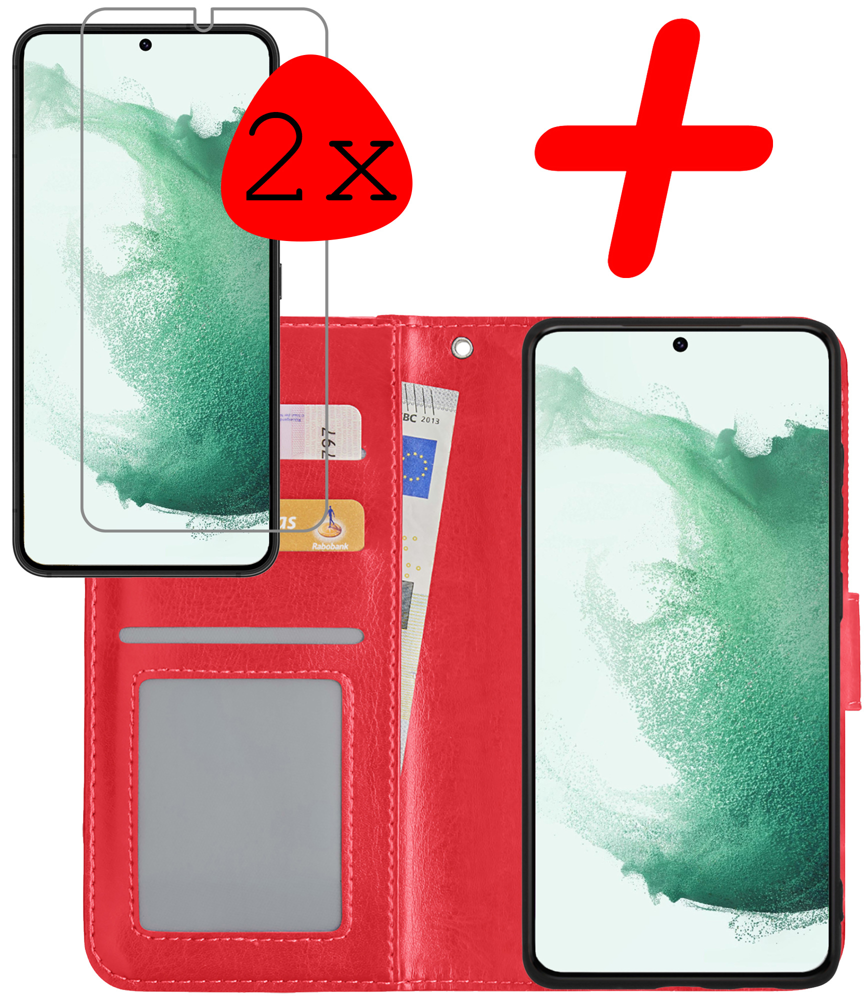 BASEY. Hoes Geschikt voor Samsung S22 Hoesje Bookcase Hoes Flip Case Book Cover Met 2x Screenprotector - Hoesje Geschikt voor Samsung Galaxy S22 Hoes Book Case Hoesje - Rood
