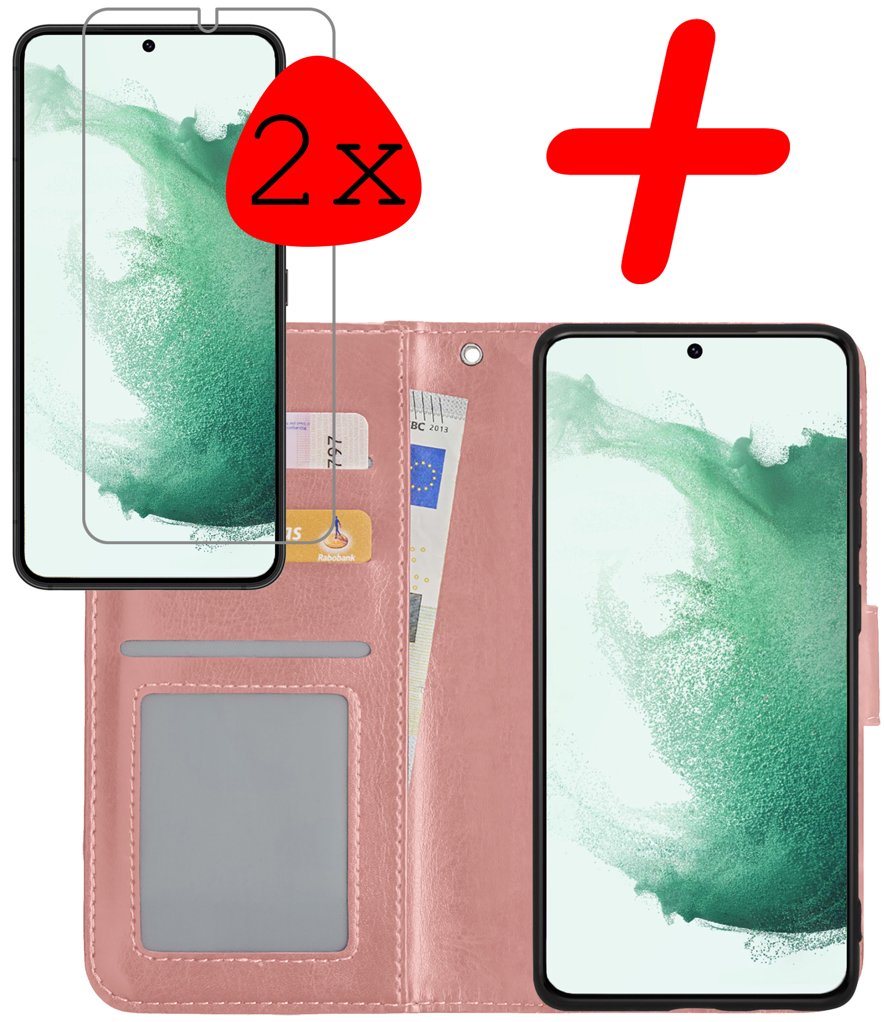 BASEY. Hoes Geschikt voor Samsung S22 Hoesje Bookcase Hoes Flip Case Book Cover Met 2x Screenprotector - Hoesje Geschikt voor Samsung Galaxy S22 Hoes Book Case Hoesje - Rosé goud