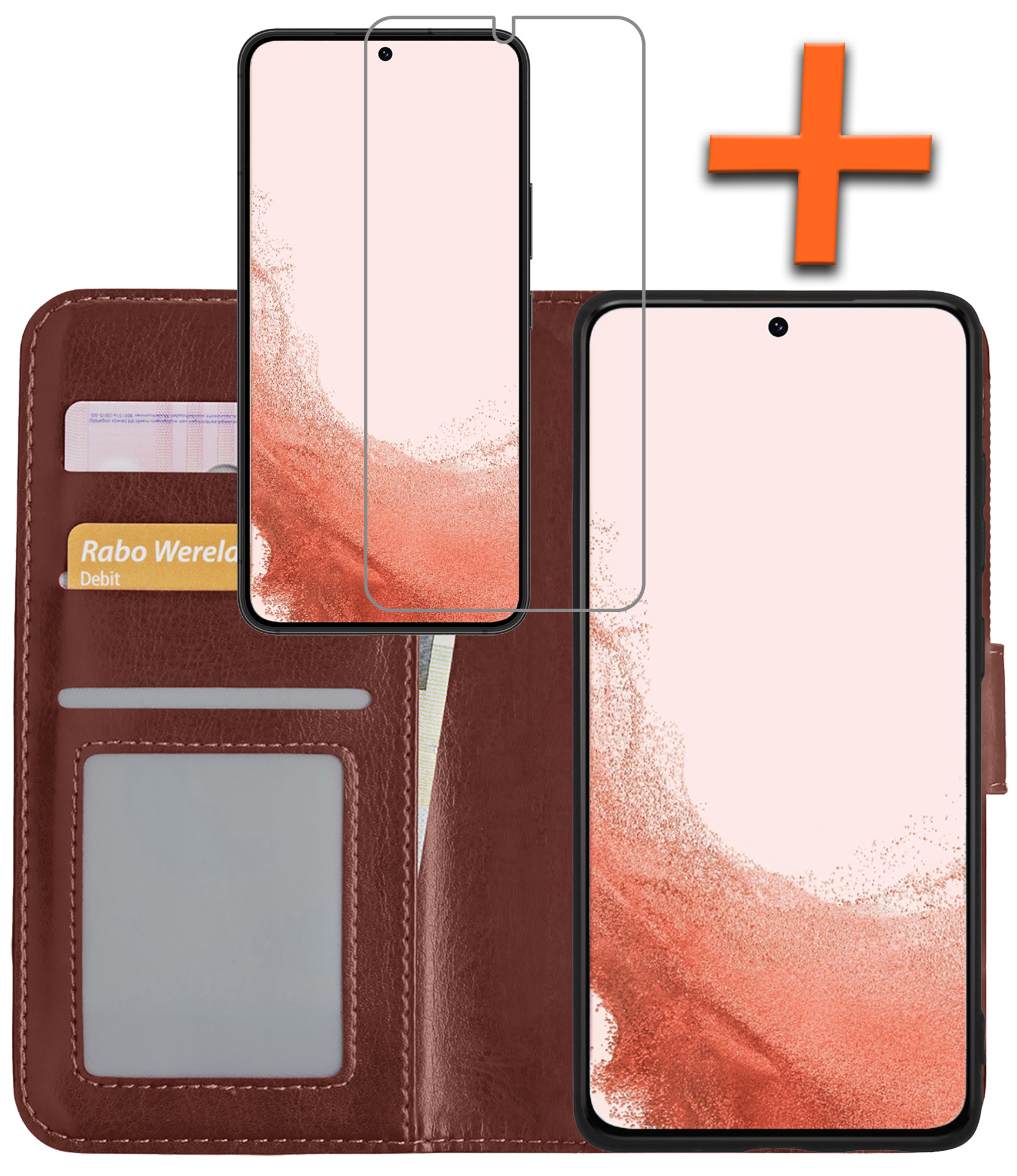 Nomfy Hoesje Geschikt voor Samsung S22 Hoes Bookcase Flipcase Book Cover Met Screenprotector - Hoes Geschikt voor Samsung Galaxy S22 Hoesje Book Case - Bruin