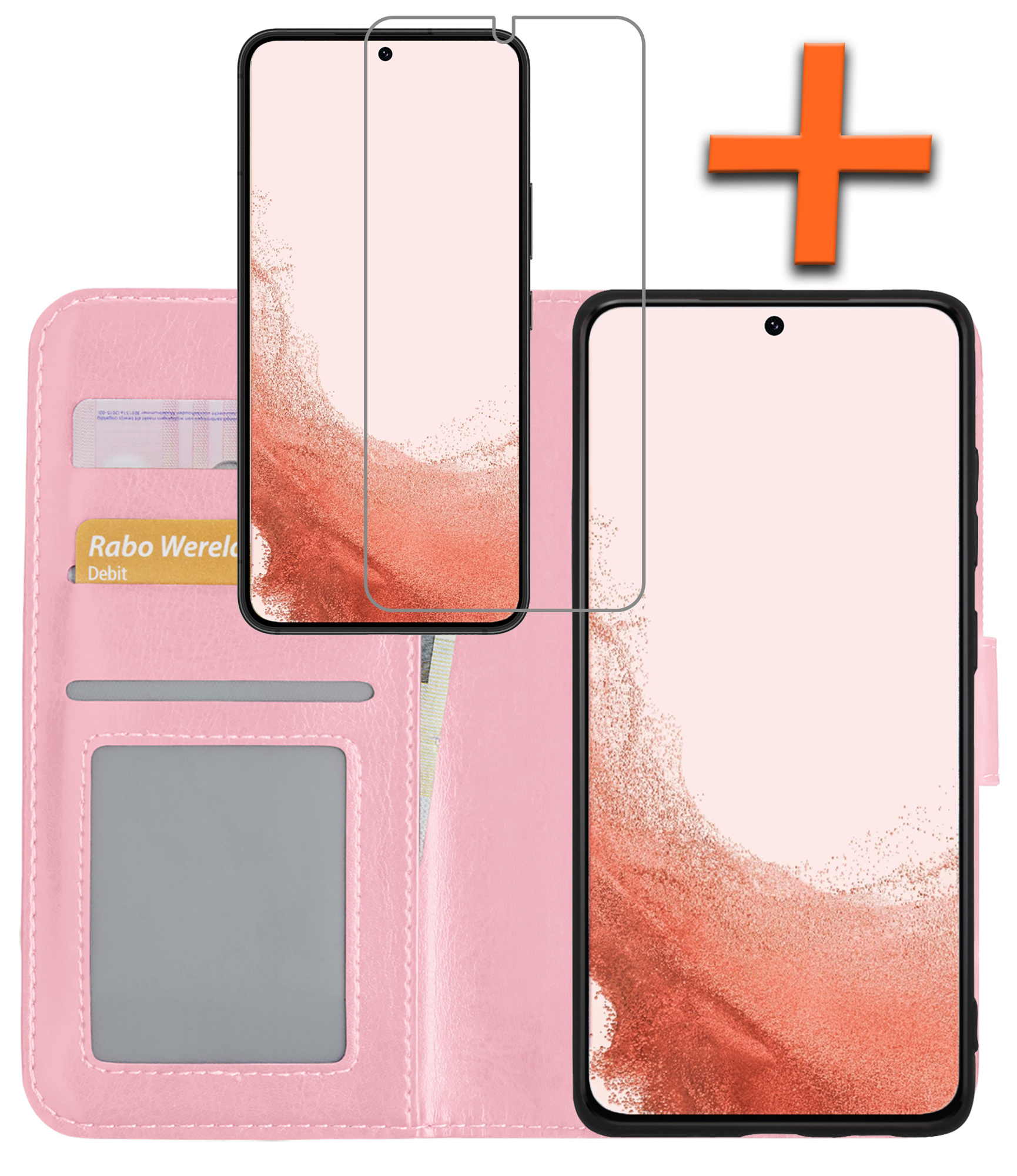 Nomfy Hoesje Geschikt voor Samsung S22 Hoes Bookcase Flipcase Book Cover Met Screenprotector - Hoes Geschikt voor Samsung Galaxy S22 Hoesje Book Case - Lichtroze