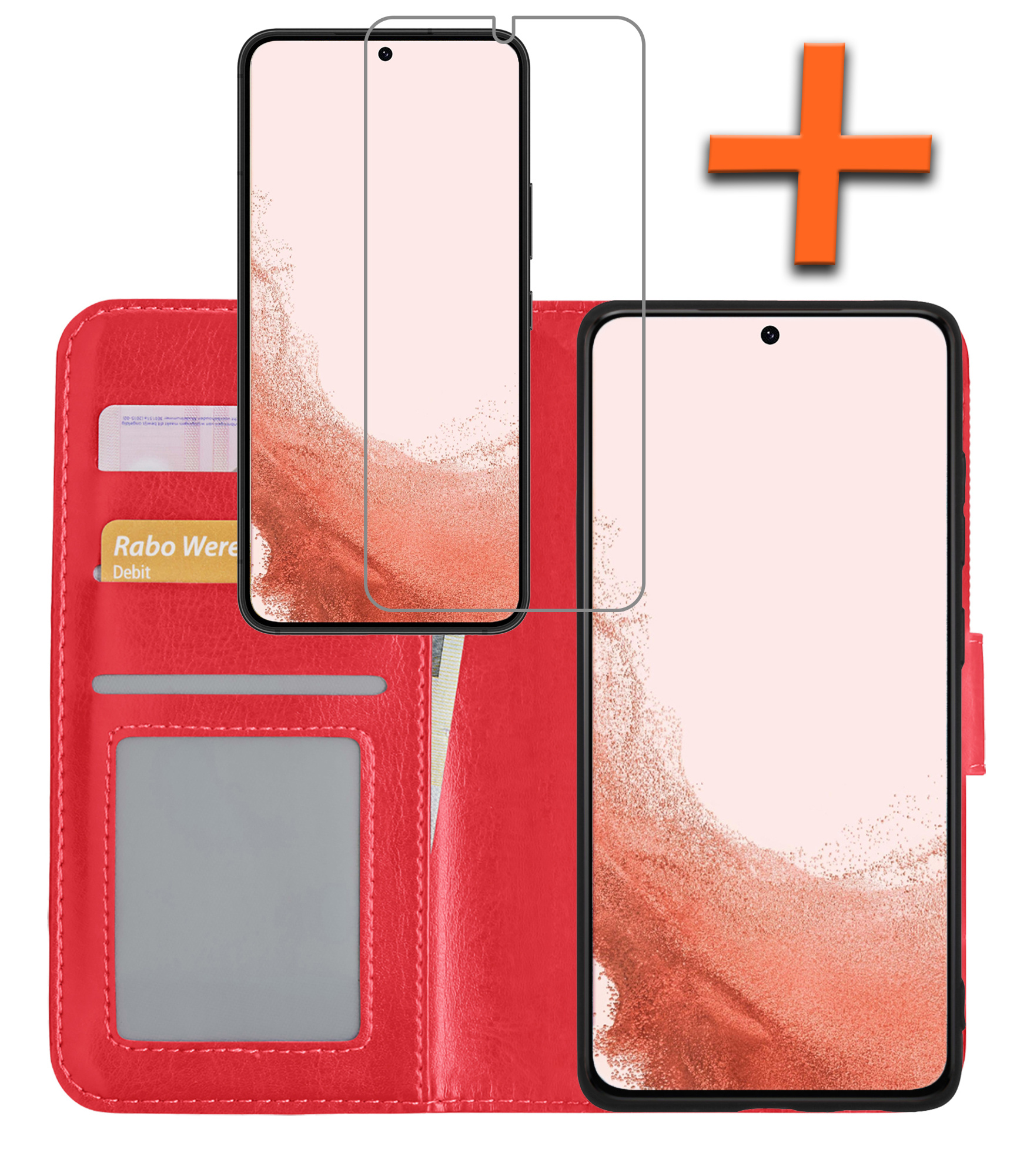 Nomfy Hoesje Geschikt voor Samsung S22 Hoes Bookcase Flipcase Book Cover Met Screenprotector - Hoes Geschikt voor Samsung Galaxy S22 Hoesje Book Case - Rood