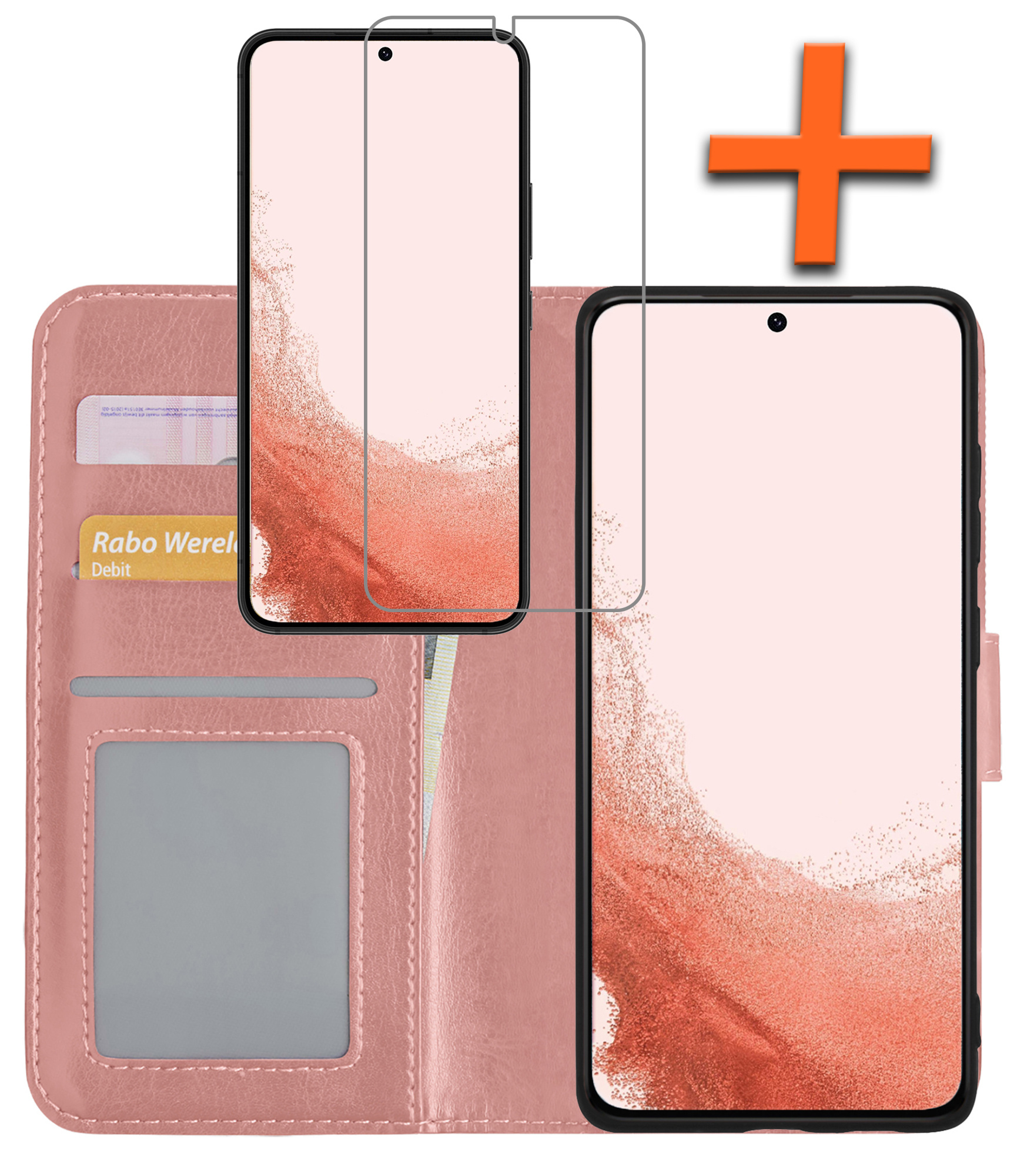 Nomfy Hoesje Geschikt voor Samsung S22 Hoes Bookcase Flipcase Book Cover Met Screenprotector - Hoes Geschikt voor Samsung Galaxy S22 Hoesje Book Case - Rosé goud