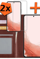 Hoesje Geschikt voor Samsung S22 Hoes Bookcase Flipcase Book Cover Met 2x Screenprotector - Hoes Geschikt voor Samsung Galaxy S22 Hoesje Book Case - Bruin