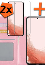 Nomfy Hoesje Geschikt voor Samsung S22 Hoes Bookcase Flipcase Book Cover Met 2x Screenprotector - Hoes Geschikt voor Samsung Galaxy S22 Hoesje Book Case - Lichtroze