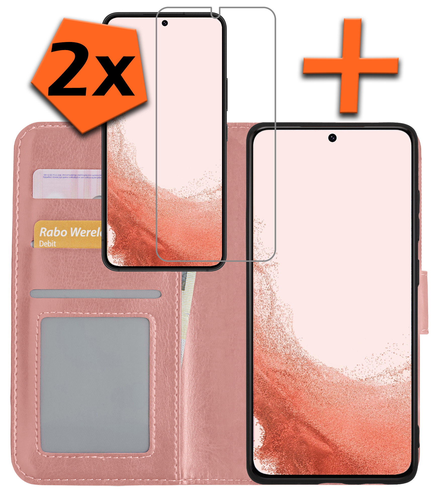 Nomfy Hoesje Geschikt voor Samsung S22 Hoes Bookcase Flipcase Book Cover Met 2x Screenprotector - Hoes Geschikt voor Samsung Galaxy S22 Hoesje Book Case - Rosé goud