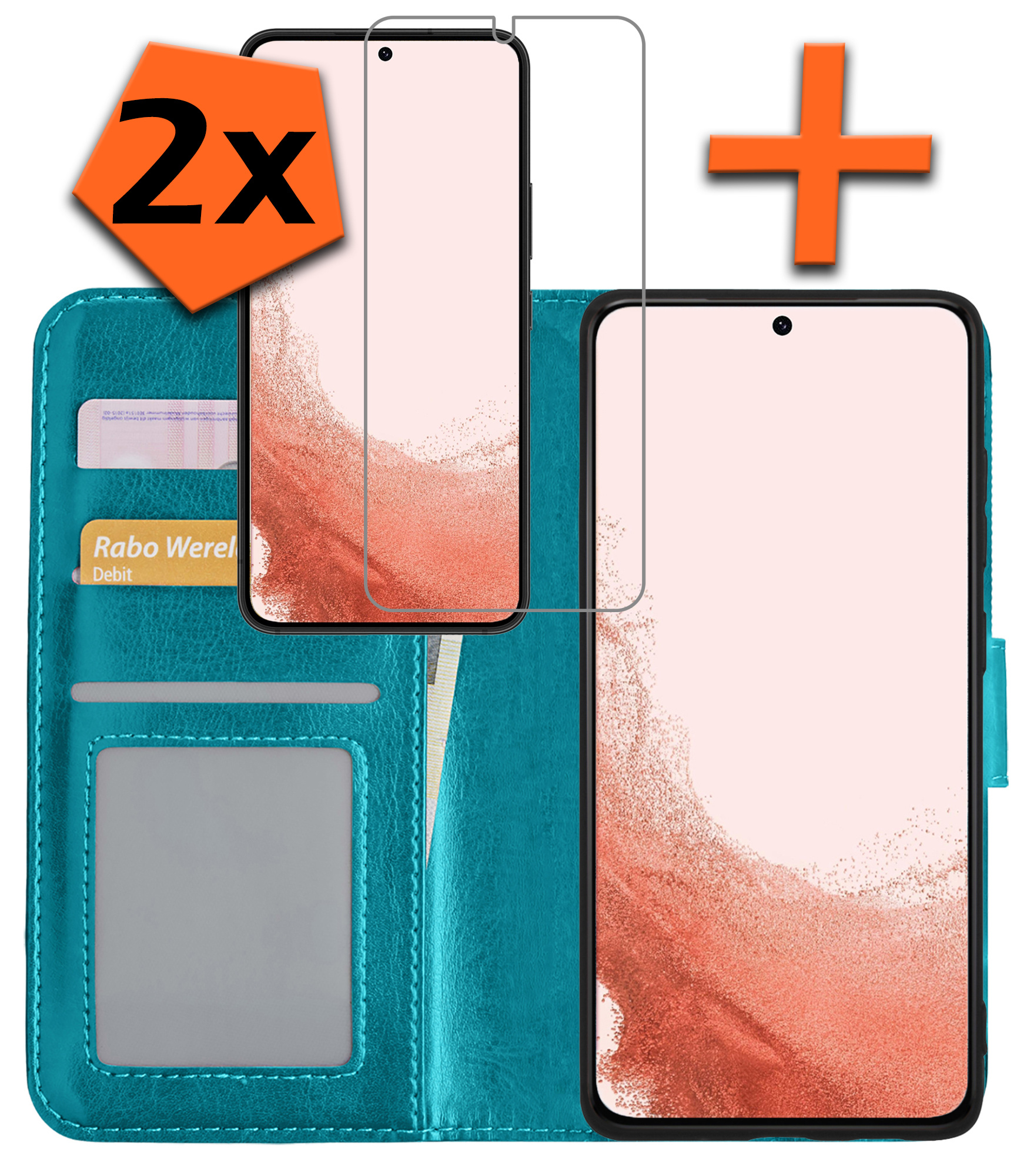 Nomfy Hoesje Geschikt voor Samsung S22 Hoes Bookcase Flipcase Book Cover Met 2x Screenprotector - Hoes Geschikt voor Samsung Galaxy S22 Hoesje Book Case - Turquoise