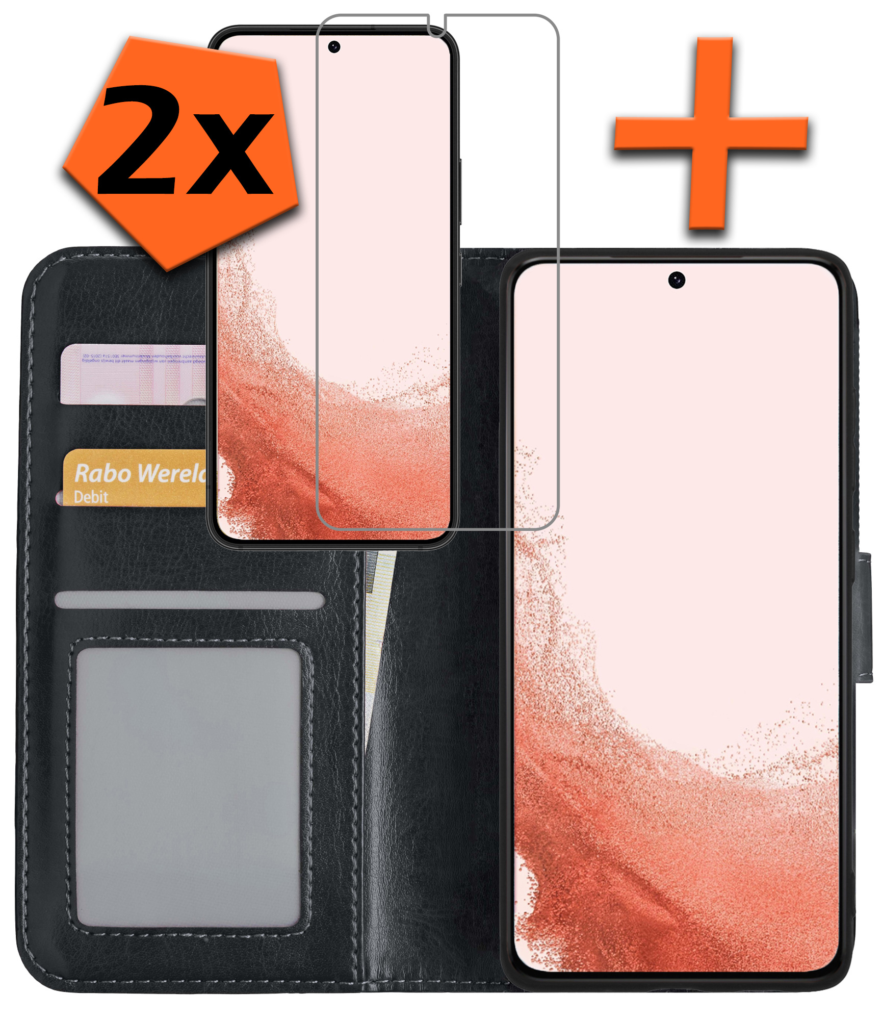 Nomfy Hoesje Geschikt voor Samsung S22 Hoes Bookcase Flipcase Book Cover Met 2x Screenprotector - Hoes Geschikt voor Samsung Galaxy S22 Hoesje Book Case - Zwart