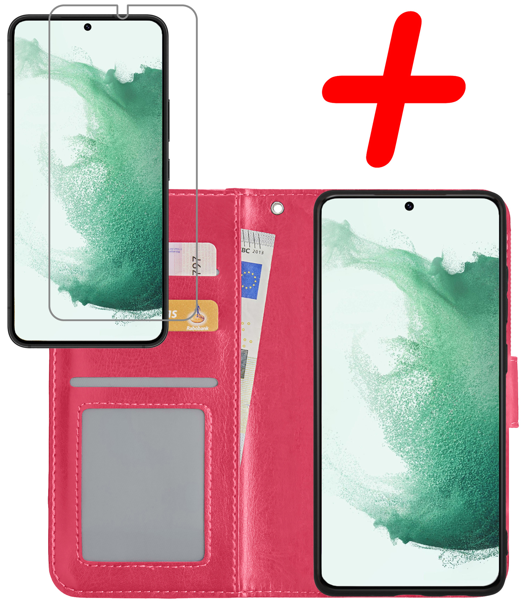 BASEY. Hoes Geschikt voor Samsung S22 Plus Hoesje Bookcase Hoes Flip Case Book Cover Met Screenprotector - Hoesje Geschikt voor Samsung Galaxy S22 Plus Hoes Book Case Hoesje - Donkerroze