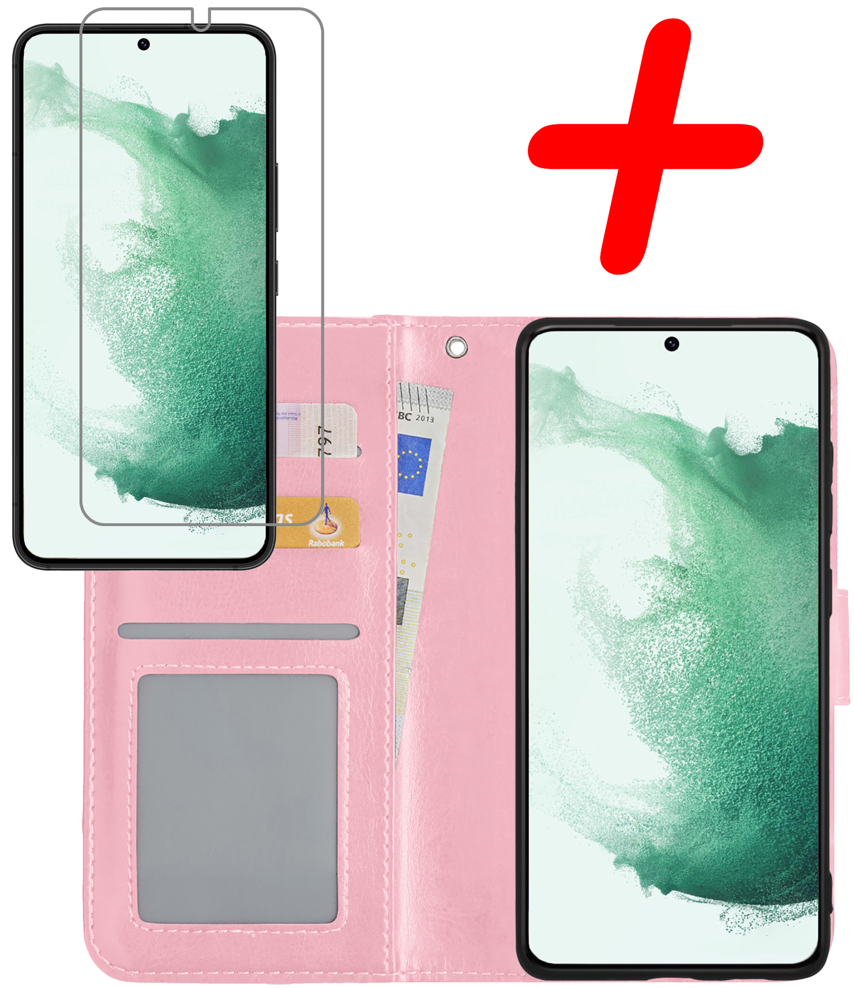 BASEY. Hoes Geschikt voor Samsung S22 Plus Hoesje Bookcase Hoes Flip Case Book Cover Met Screenprotector - Hoesje Geschikt voor Samsung Galaxy S22 Plus Hoes Book Case Hoesje - Lichtroze