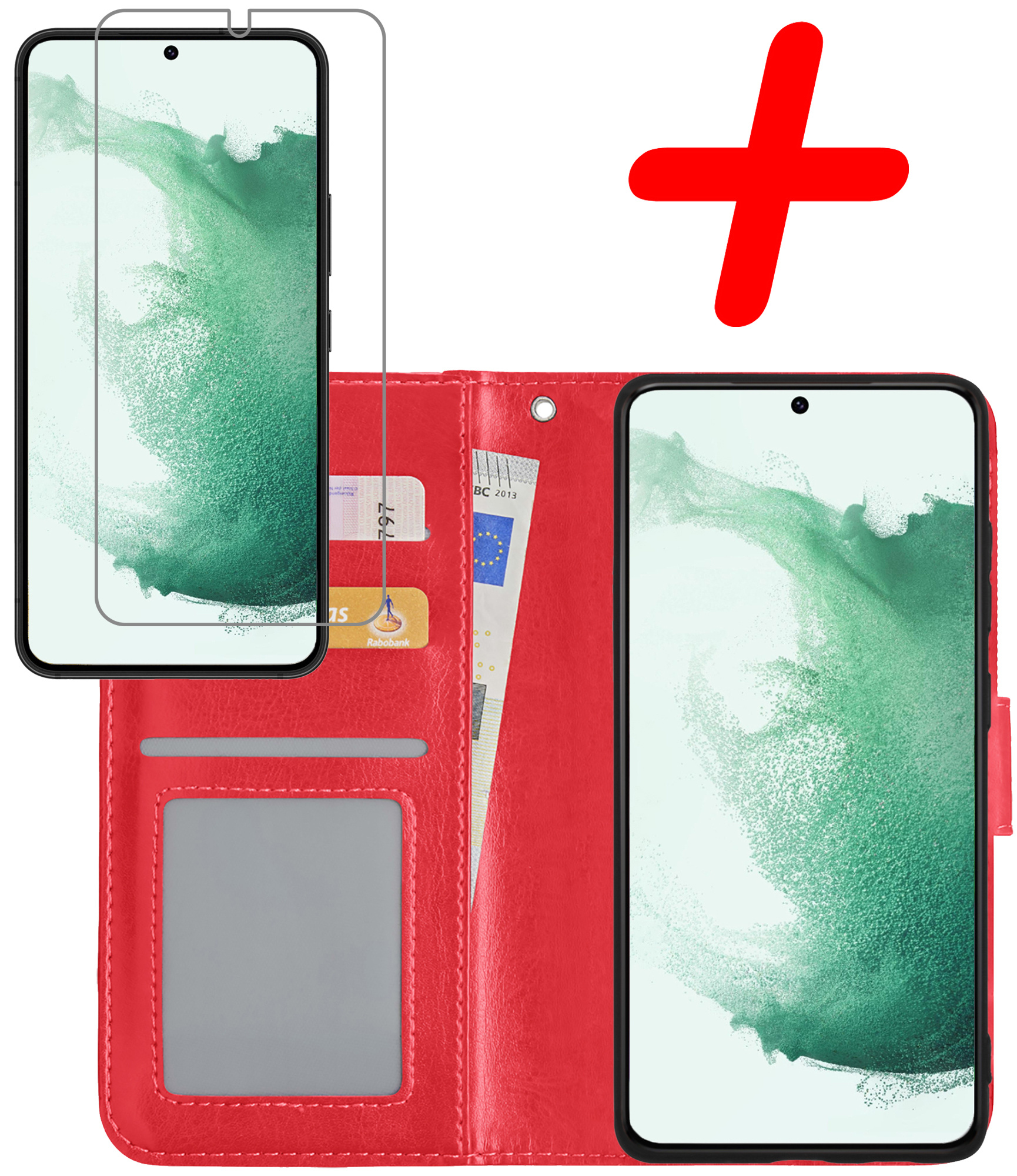 BASEY. Hoes Geschikt voor Samsung S22 Plus Hoesje Bookcase Hoes Flip Case Book Cover Met Screenprotector - Hoesje Geschikt voor Samsung Galaxy S22 Plus Hoes Book Case Hoesje - Rood