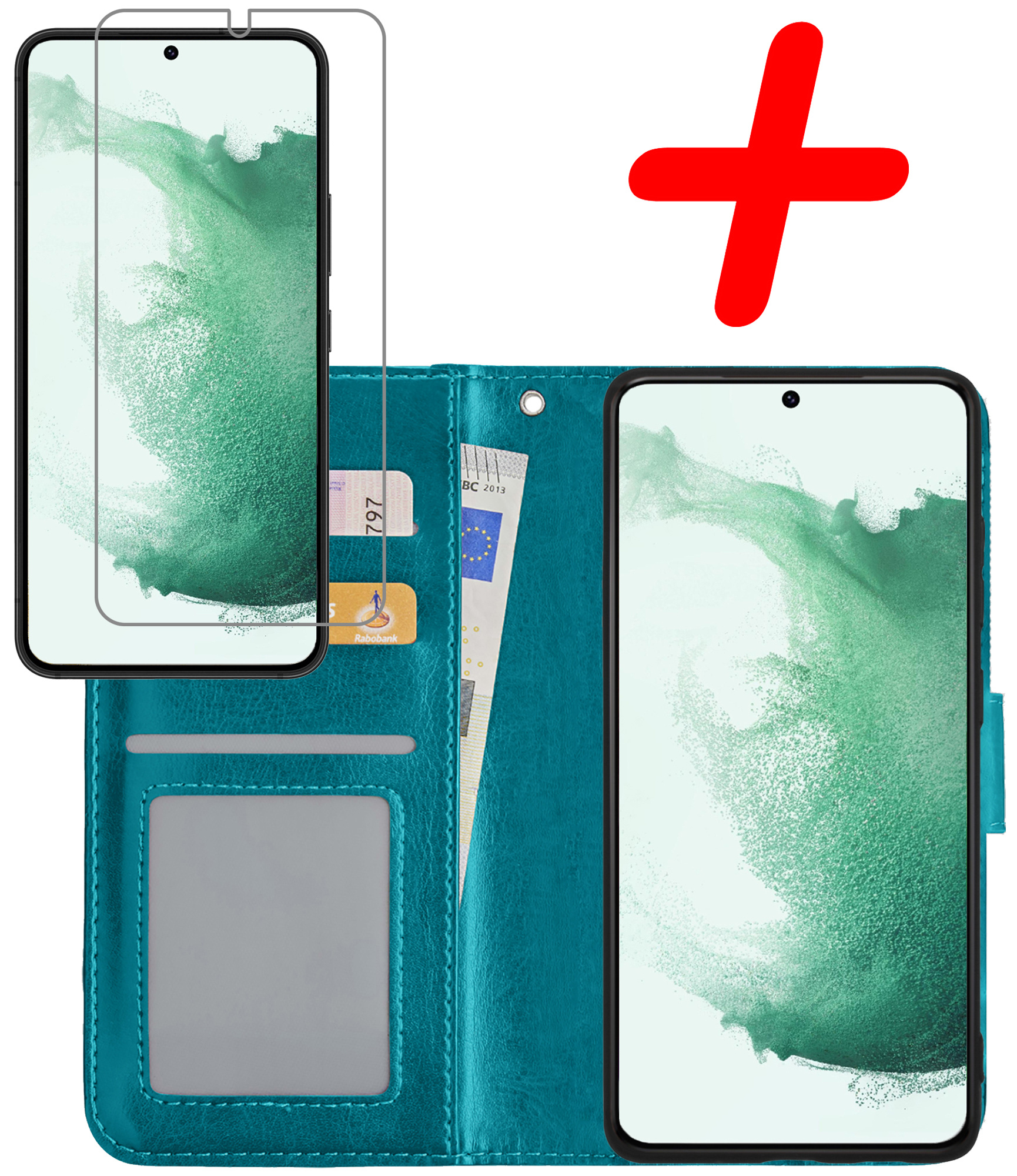 BASEY. Hoes Geschikt voor Samsung S22 Plus Hoesje Bookcase Hoes Flip Case Book Cover Met Screenprotector - Hoesje Geschikt voor Samsung Galaxy S22 Plus Hoes Book Case Hoesje - Turquoise