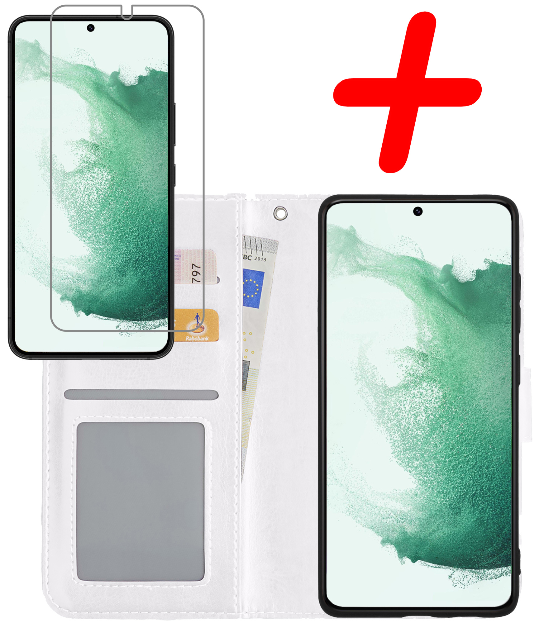 BASEY. Hoes Geschikt voor Samsung S22 Plus Hoesje Bookcase Hoes Flip Case Book Cover Met Screenprotector - Hoesje Geschikt voor Samsung Galaxy S22 Plus Hoes Book Case Hoesje - Wit