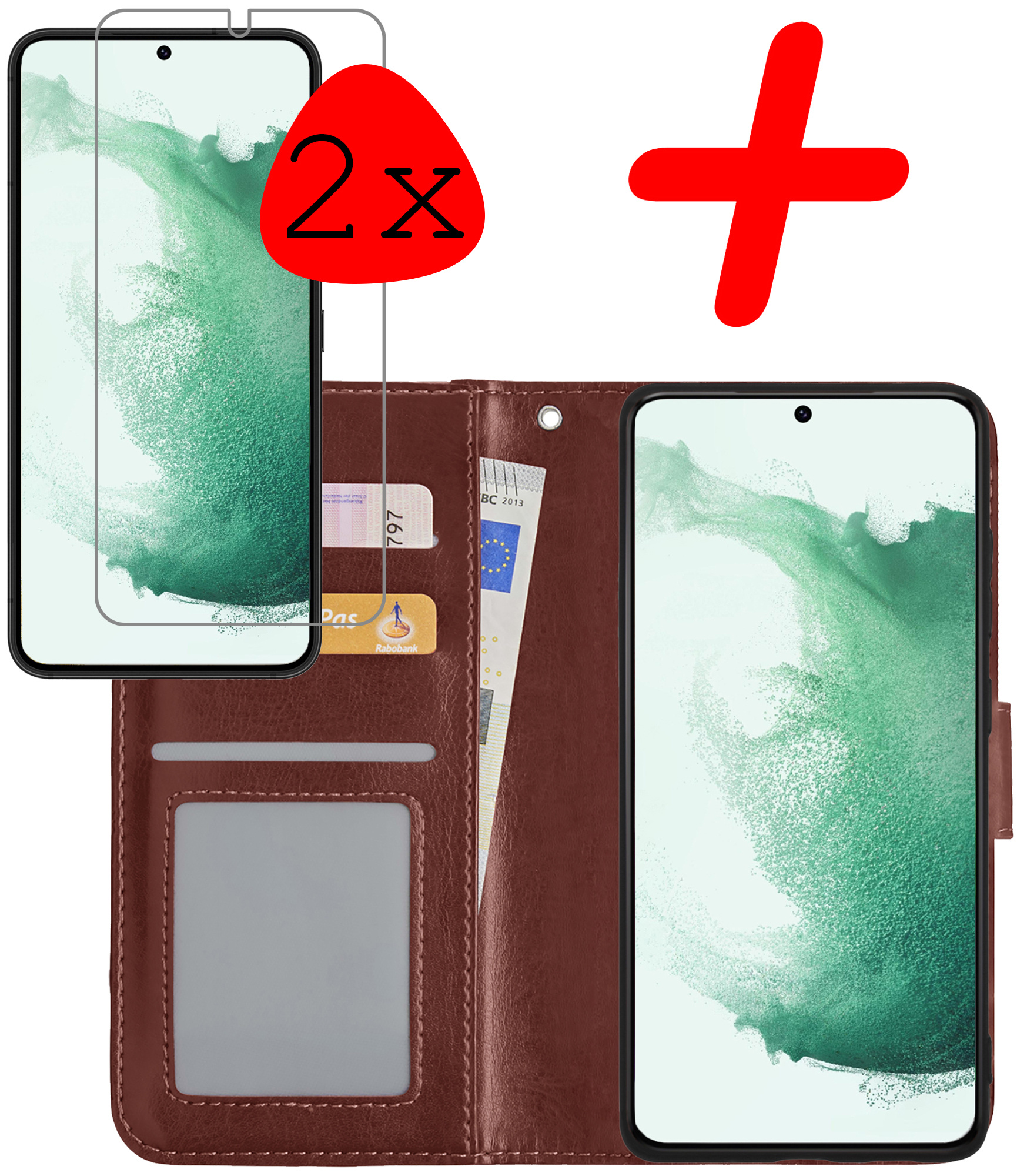 BASEY. Hoes Geschikt voor Samsung S22 Plus Hoesje Bookcase Hoes Flip Case Book Cover Met 2x Screenprotector - Hoesje Geschikt voor Samsung Galaxy S22 Plus Hoes Book Case Hoesje - Bruin