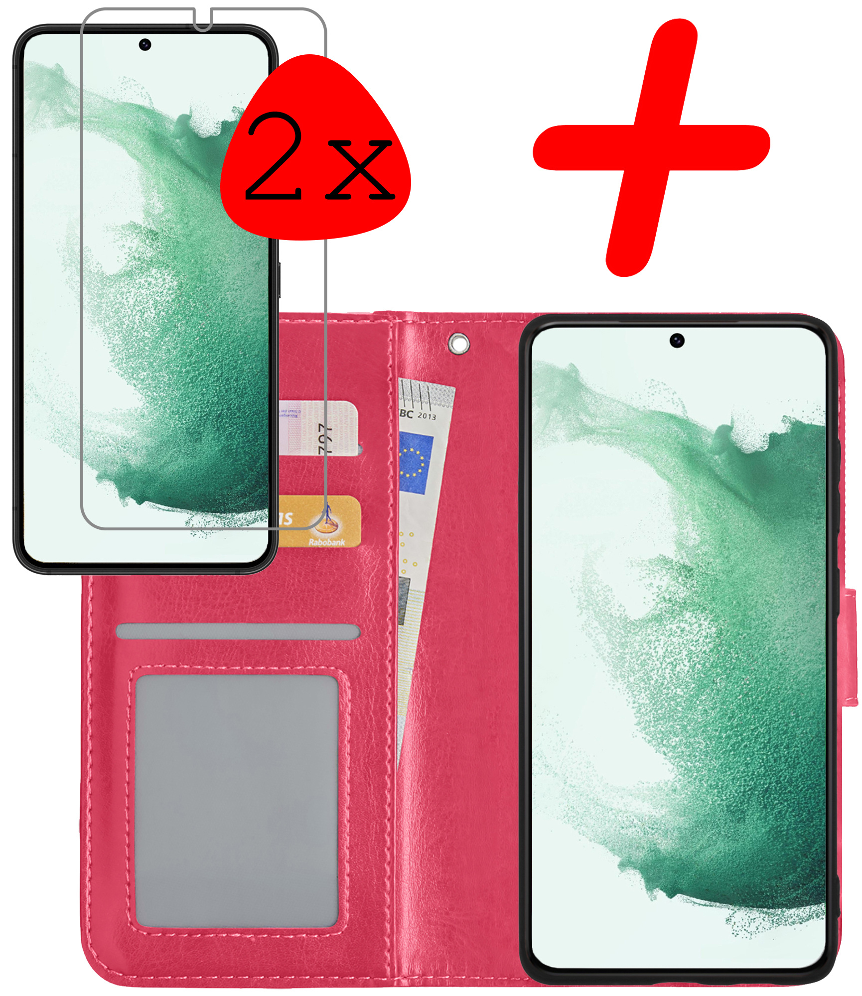 BASEY. Hoes Geschikt voor Samsung S22 Plus Hoesje Bookcase Hoes Flip Case Book Cover Met 2x Screenprotector - Hoesje Geschikt voor Samsung Galaxy S22 Plus Hoes Book Case Hoesje - Donkerroze